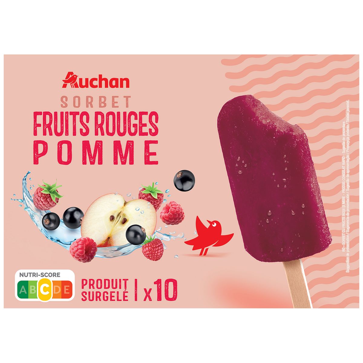 AUCHAN Bâtonnet de sorbet aux fruits rouges et pommes 10 pièces 500g