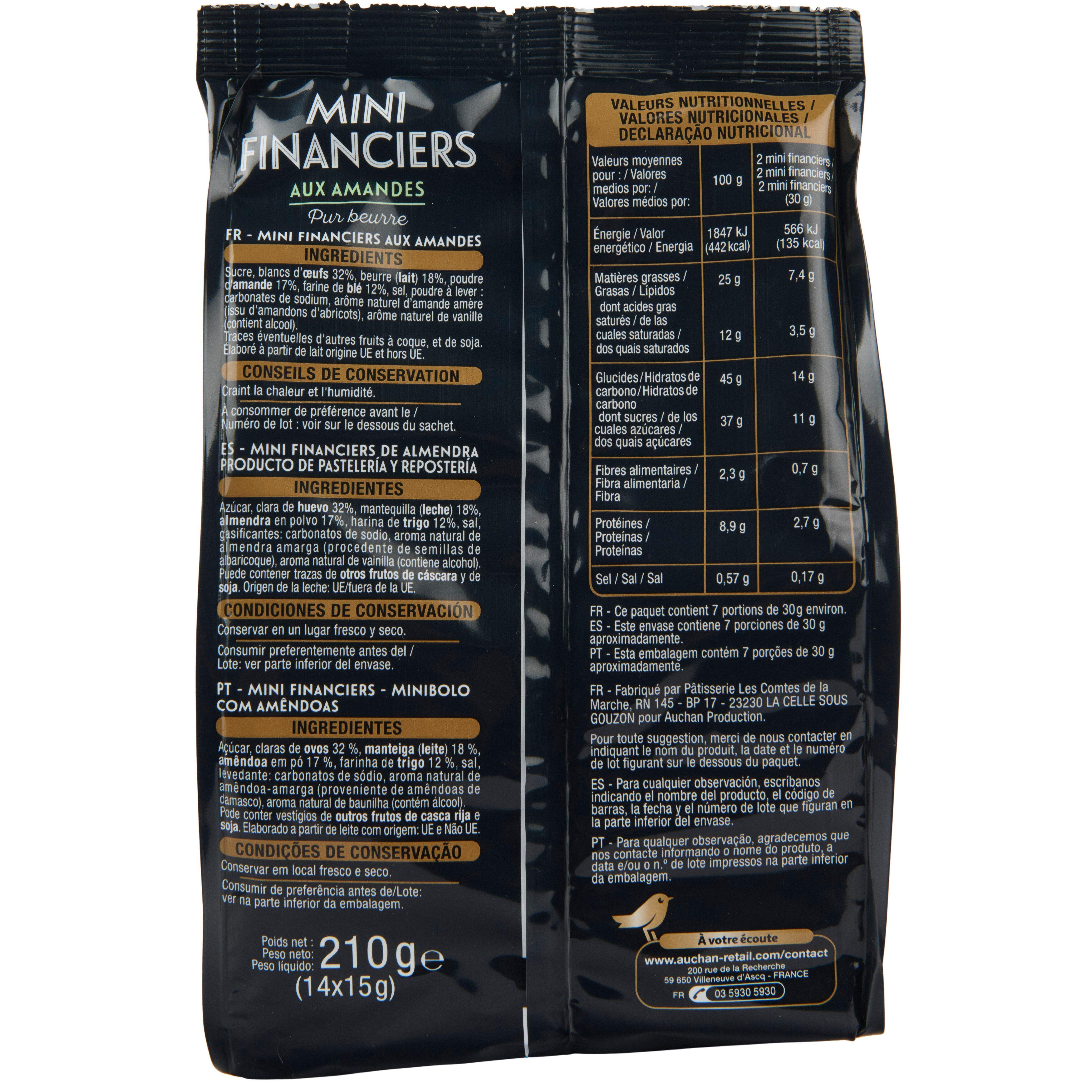 Voir la diapositive 2 : AUCHAN GOURMET Mini financiers aux amandes environ 14 financiers 210g