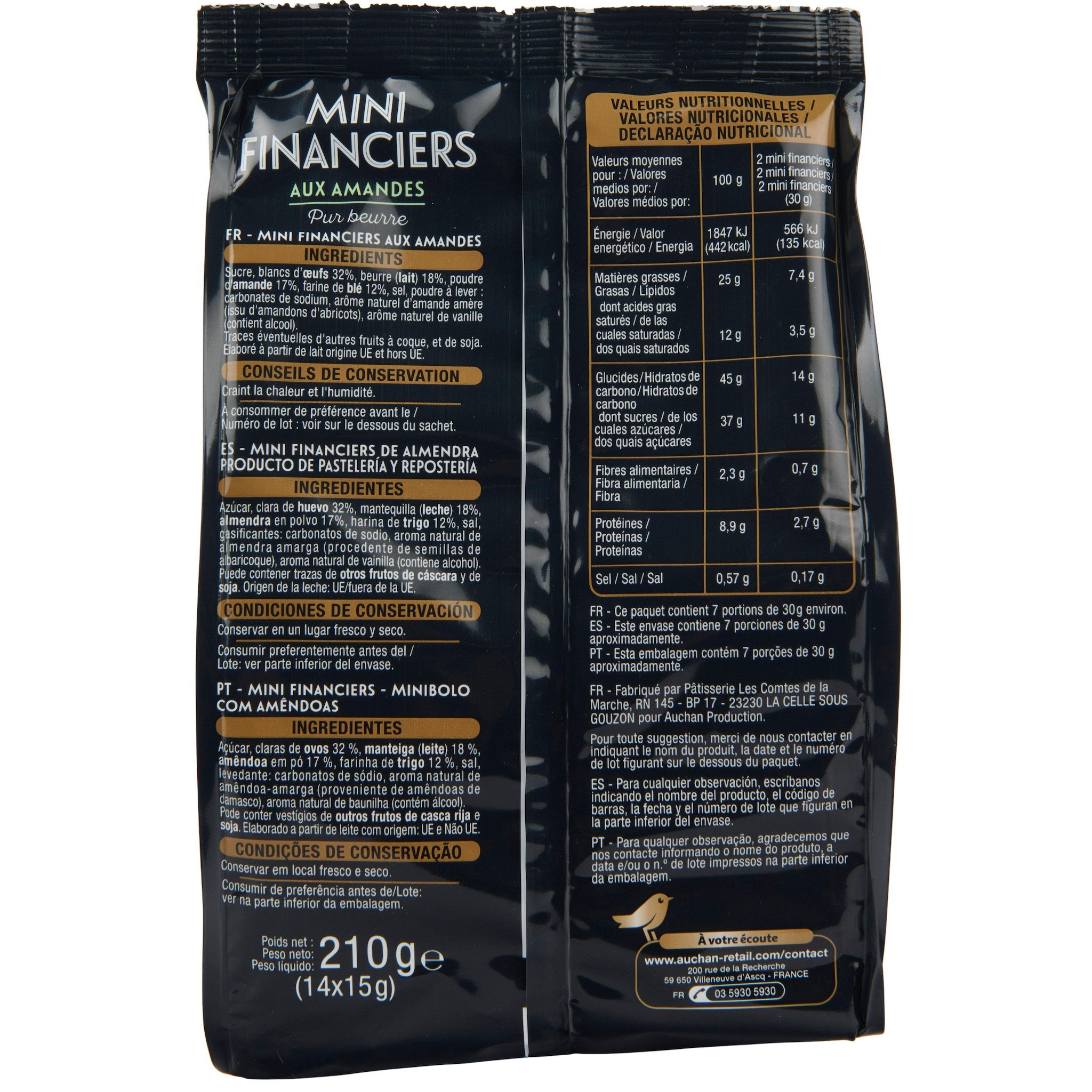 Voir la diapositive 2 : AUCHAN GOURMET Mini financiers aux amandes environ 14 financiers 210g