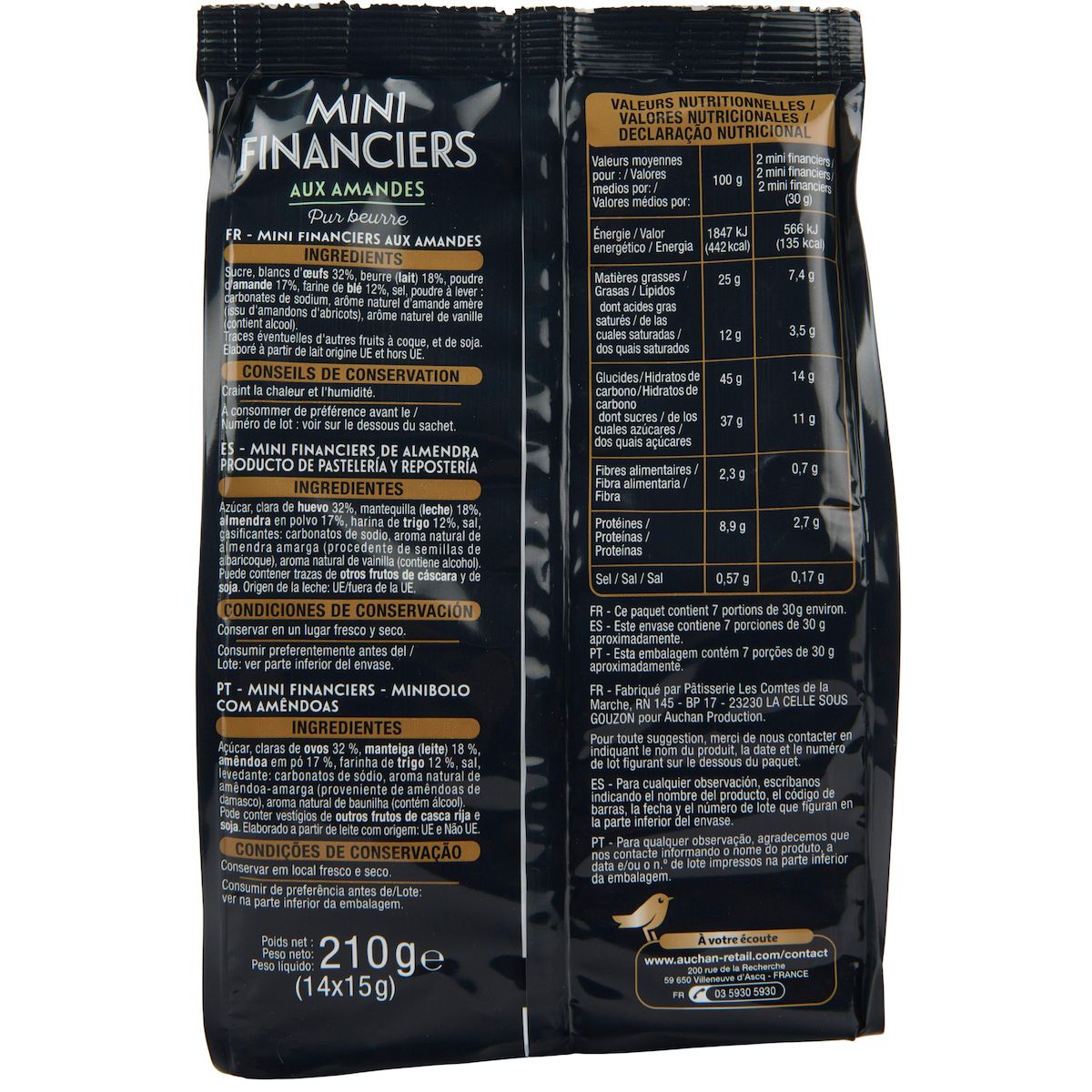 AUCHAN GOURMET Mini financiers aux amandes environ 14 financiers 210g