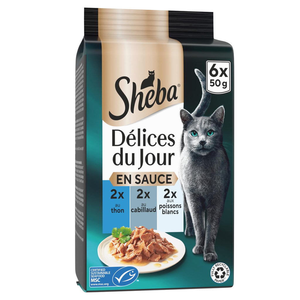 SHEBA Sachets repas délices du jour pâtée en sauce poissons pour chat 6 sachets 6x50g