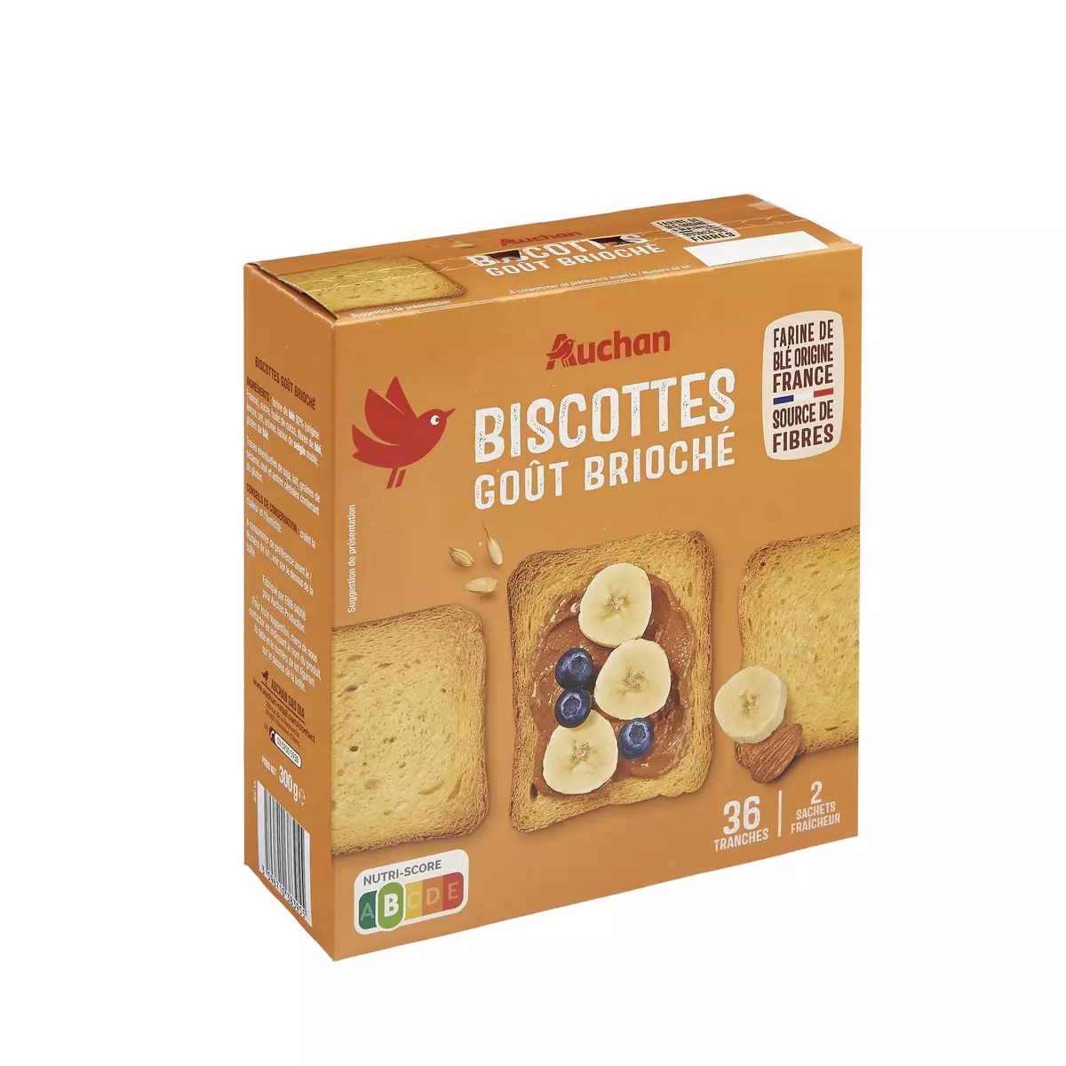 AUCHAN Biscottes saveur briochée sans huile de palme 2x18 biscottes 300g