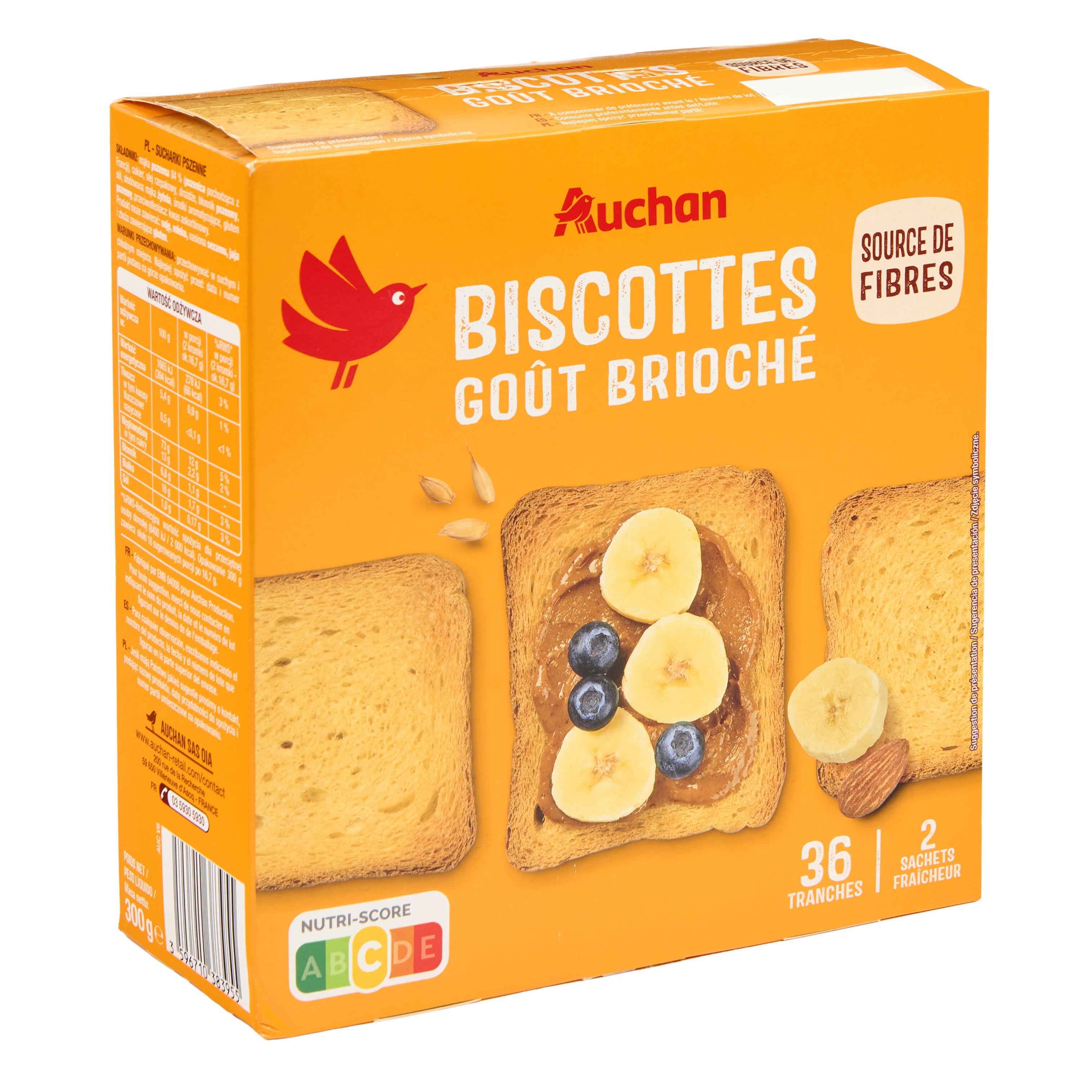 Voir la diapositive 2 : AUCHAN Biscottes saveur briochée sans huile de palme 2x18 biscottes 300g