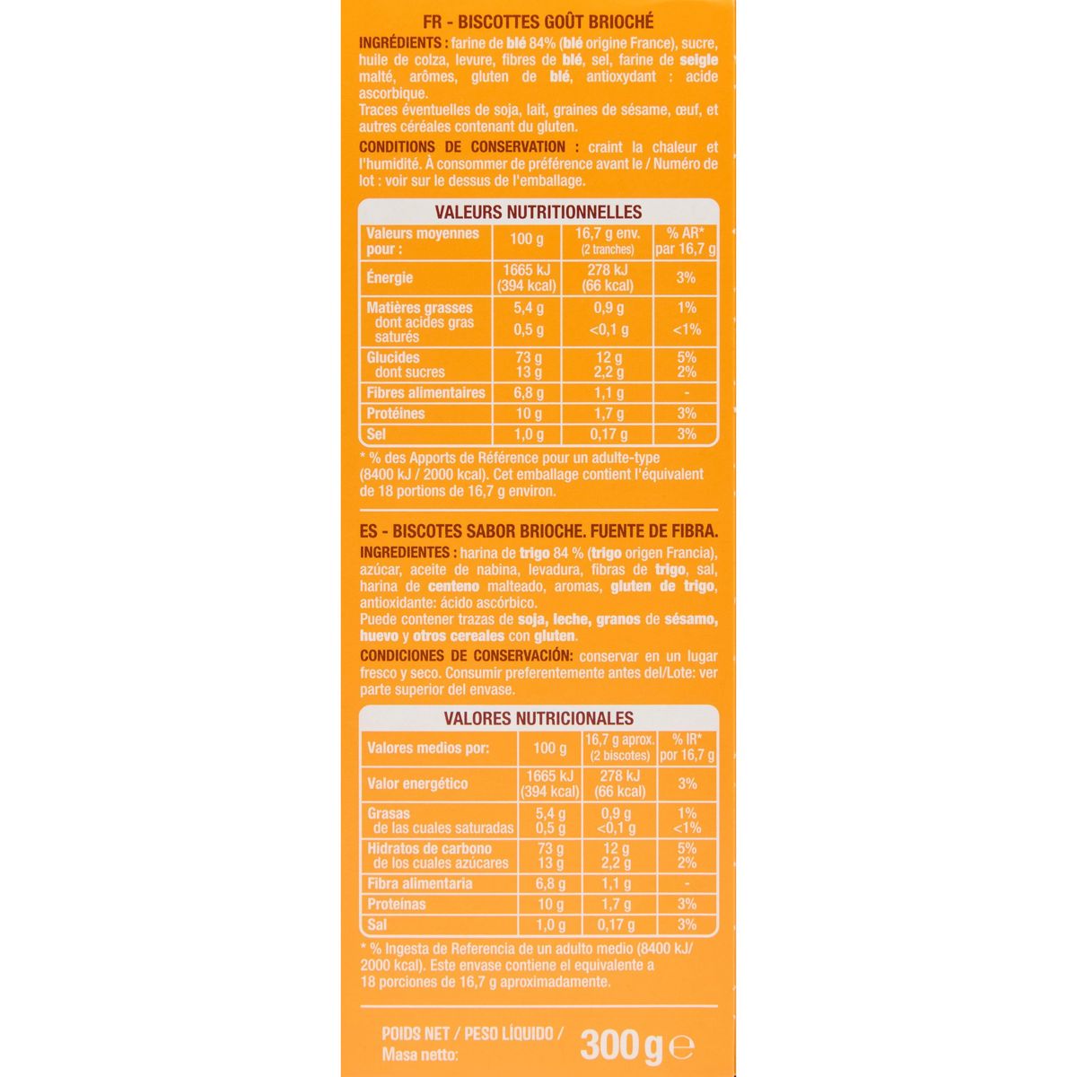 AUCHAN Biscottes saveur briochée sans huile de palme 2x18 biscottes 300g