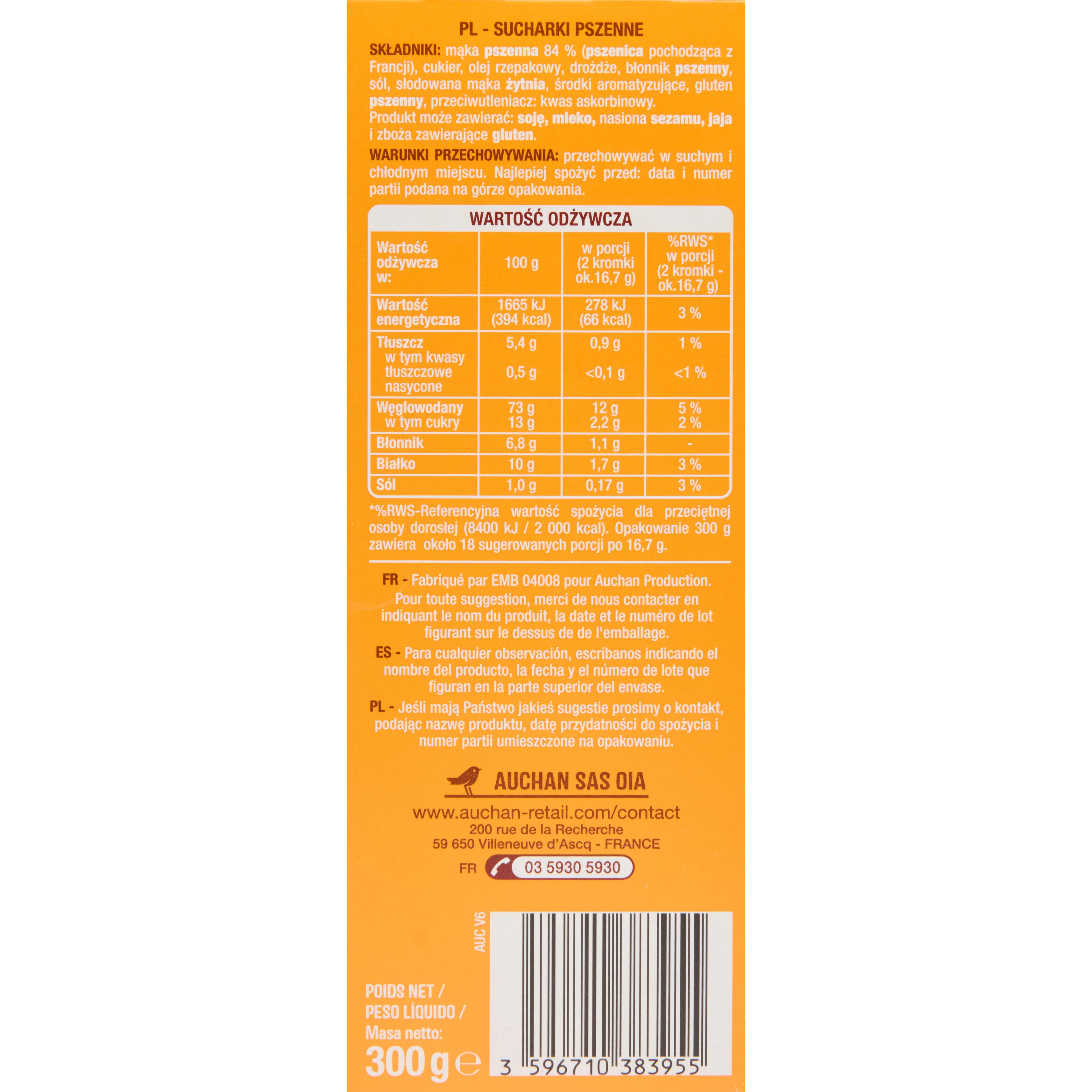 Voir la diapositive 4 : AUCHAN Biscottes saveur briochée sans huile de palme 2x18 biscottes 300g