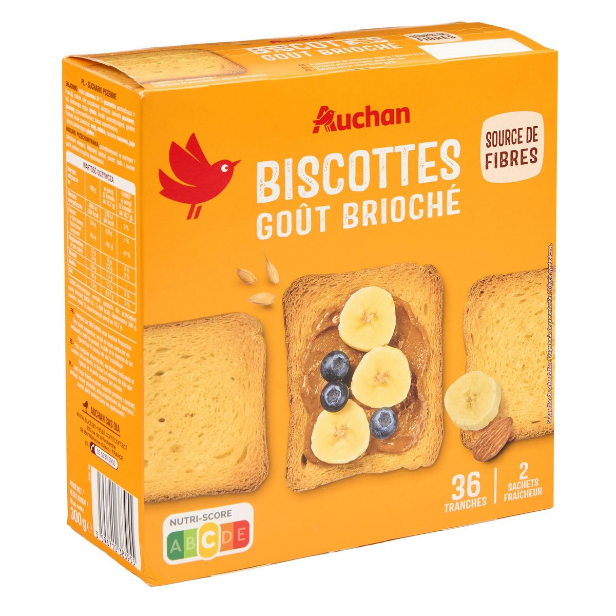 AUCHAN Biscottes saveur briochée sans huile de palme 2x18 biscottes 300g