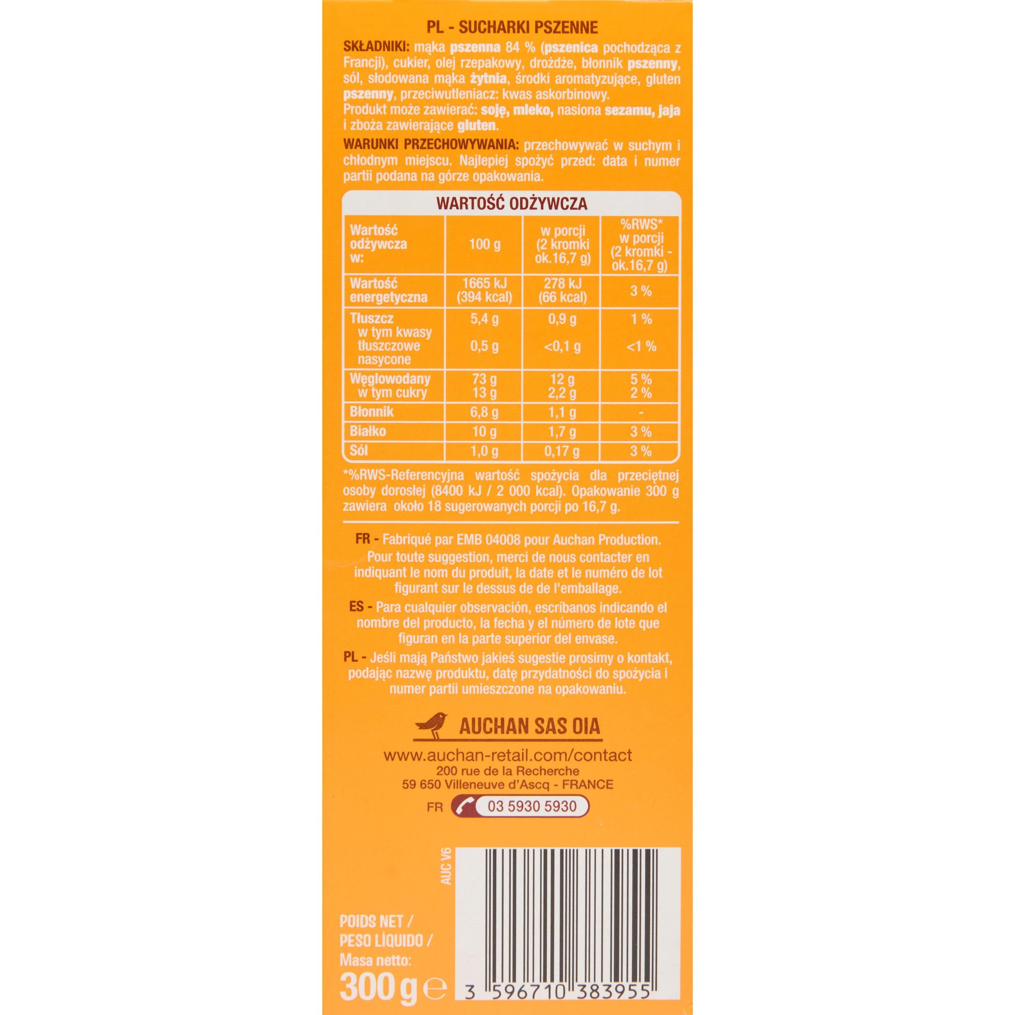 Voir la diapositive 4 : AUCHAN Biscottes saveur briochée sans huile de palme 2x18 biscottes 300g