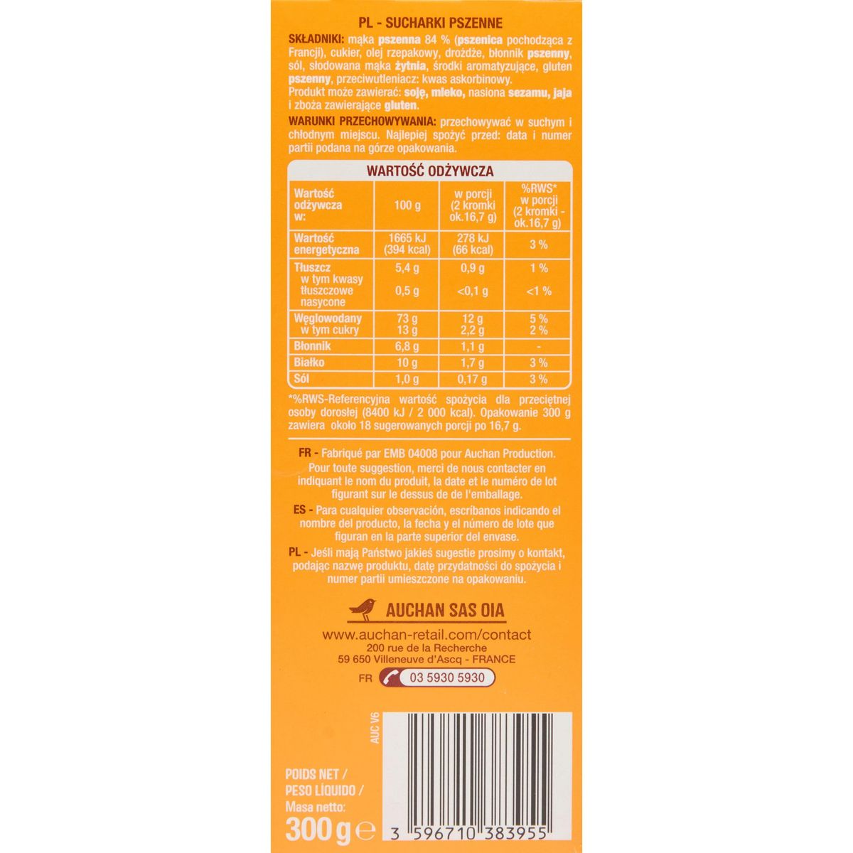 AUCHAN Biscottes saveur briochée sans huile de palme 2x18 biscottes 300g