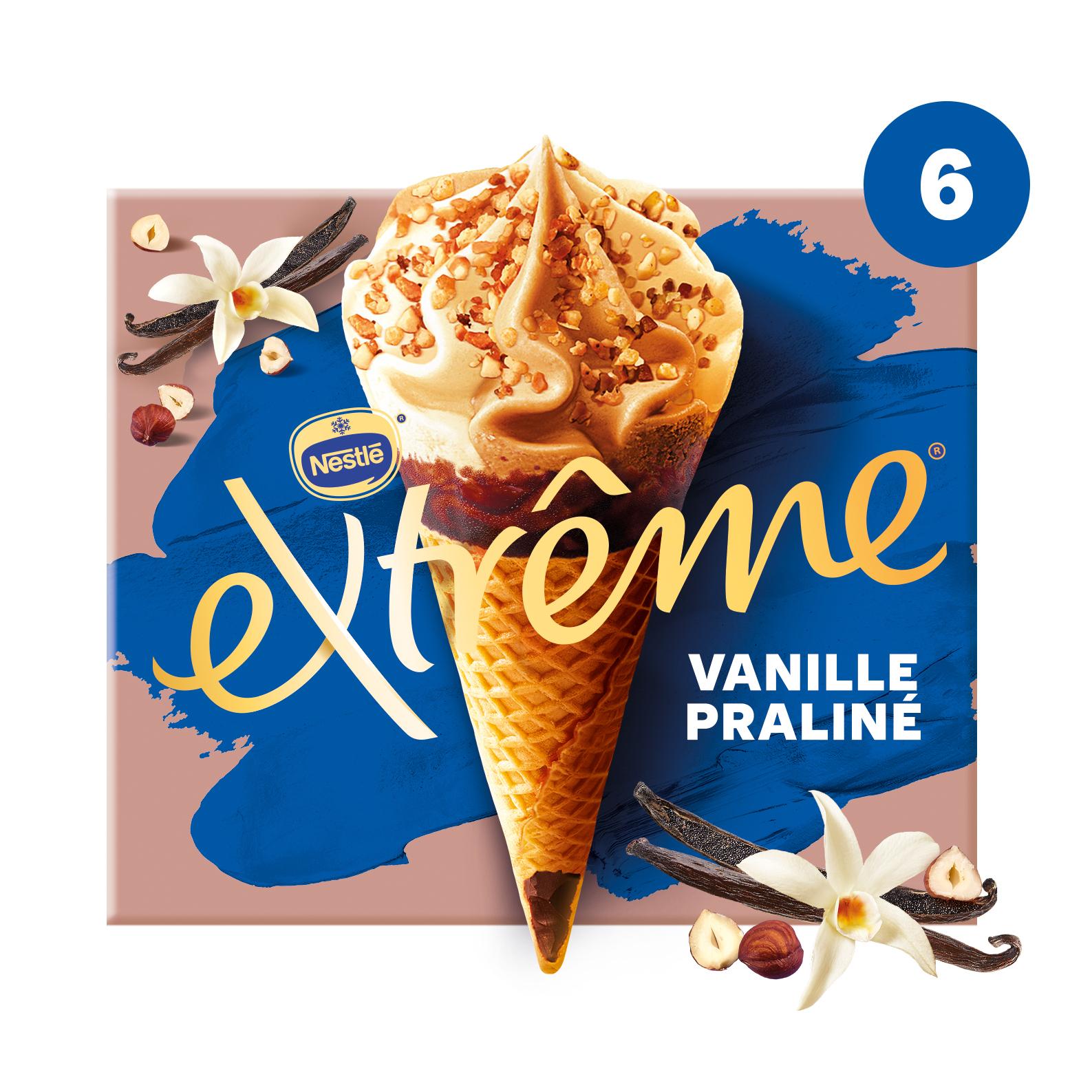 Voir la diapositive 2 : EXTREME Cônes glacés vanille praliné coeur fondant praliné 6 pièces 426g