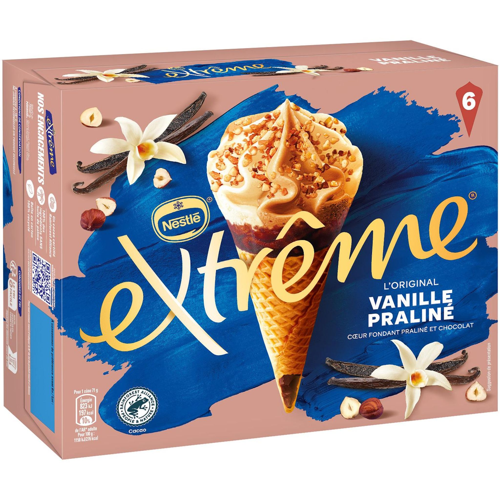 Voir la diapositive 2 : EXTREME Cônes glacés vanille praliné coeur fondant praliné 6 pièces 426g