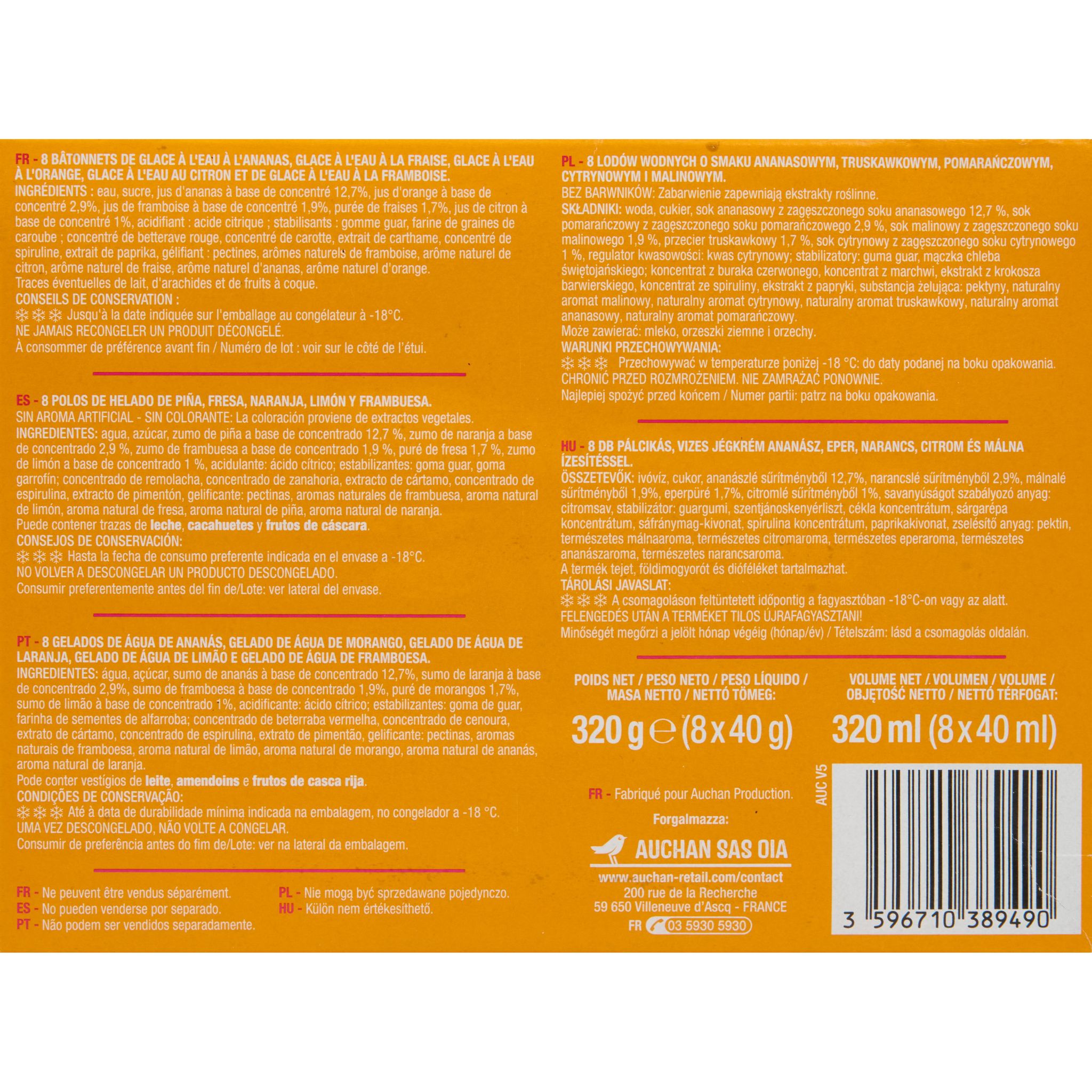Voir la diapositive 2 : AUCHAN Bâtonnets glacés aux fruits 8 pièces 320g