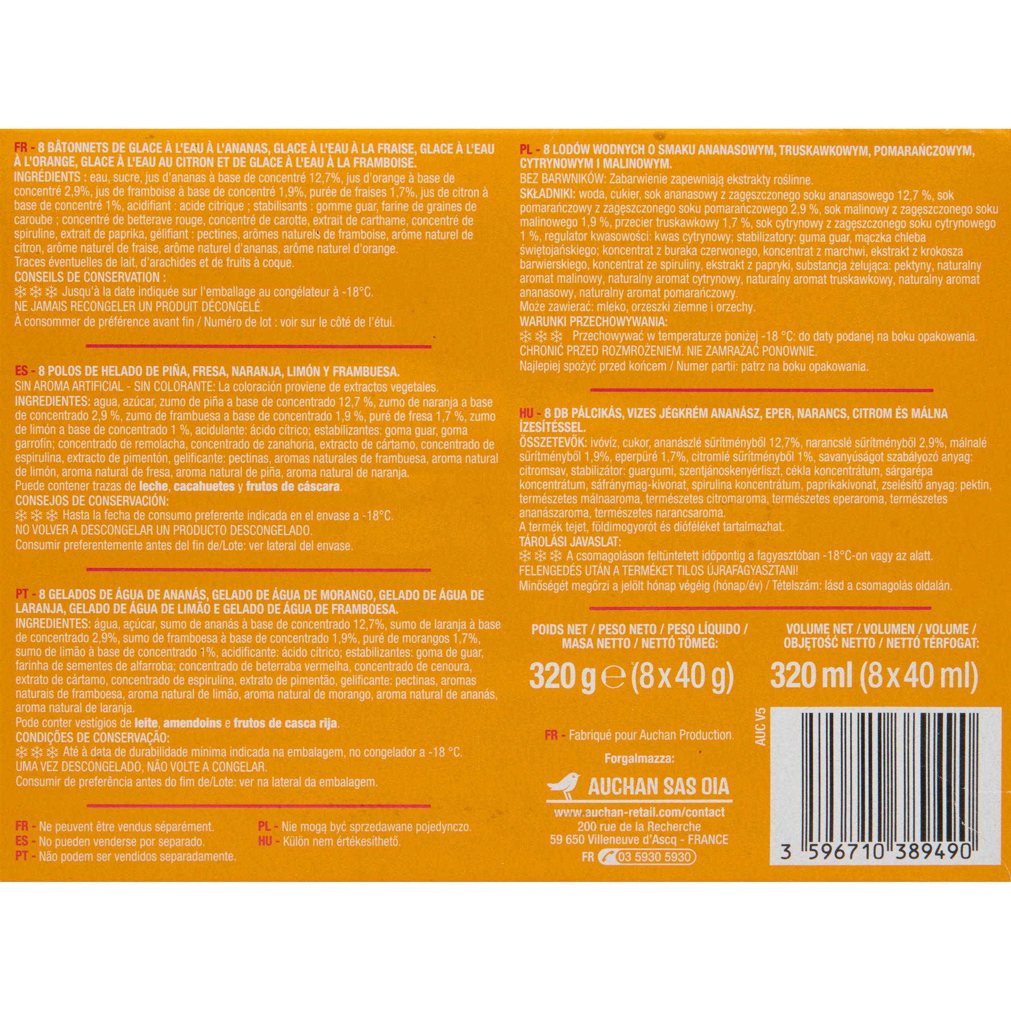 Voir la diapositive 5 : AUCHAN Bâtonnets glacés aux fruits 8 pièces 320g