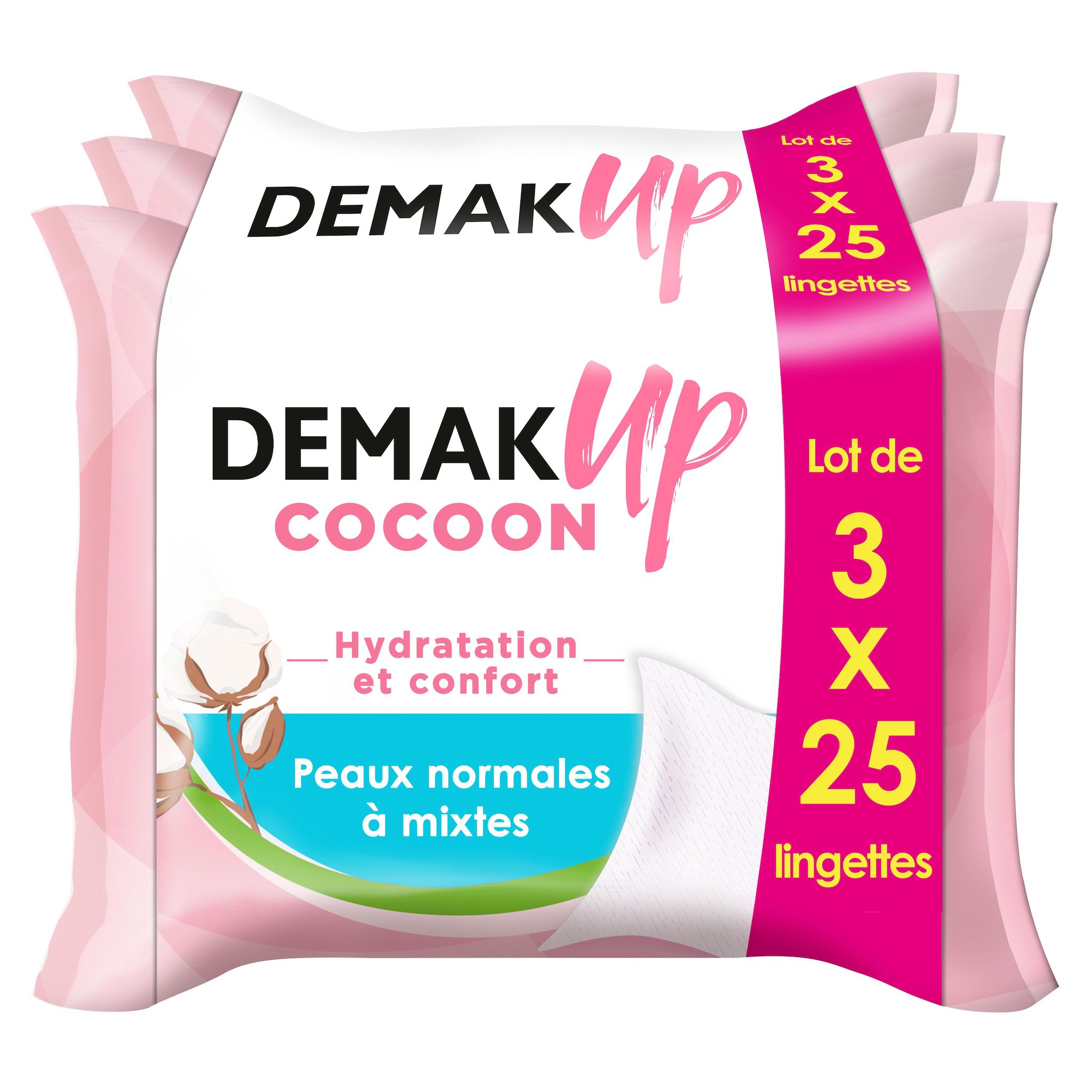 DEMAK'UP Cocoon Lingettes démaquillantes hydratation et confort pour peaux normales à mixtes 3x25 lingettes