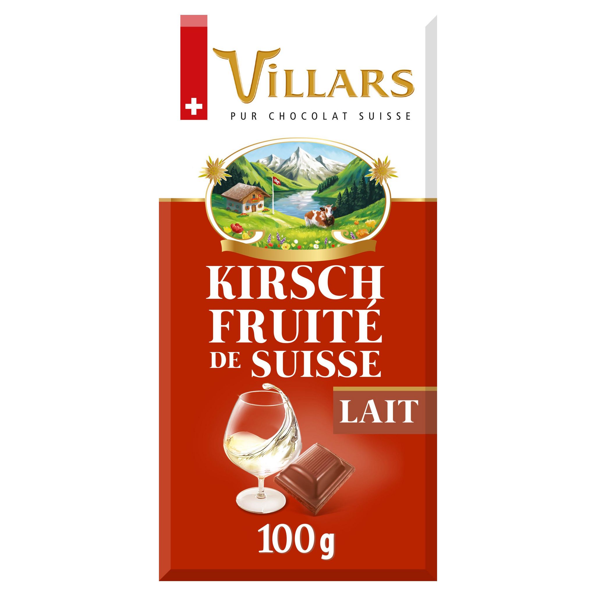 VILLARS Tablette de chocolat au lait Suisse fourrée à la liqueur Kirsch fruité 100g