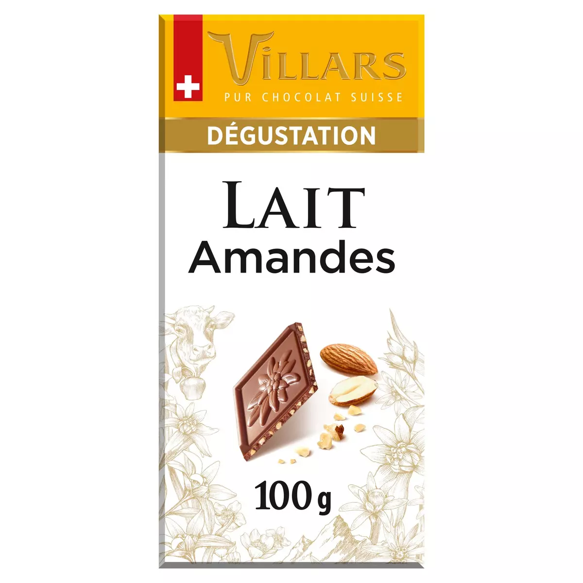 VILLARS Tablette de chocolat au lait pur Suisse aux éclats d'Amandes 1 pièce 100g