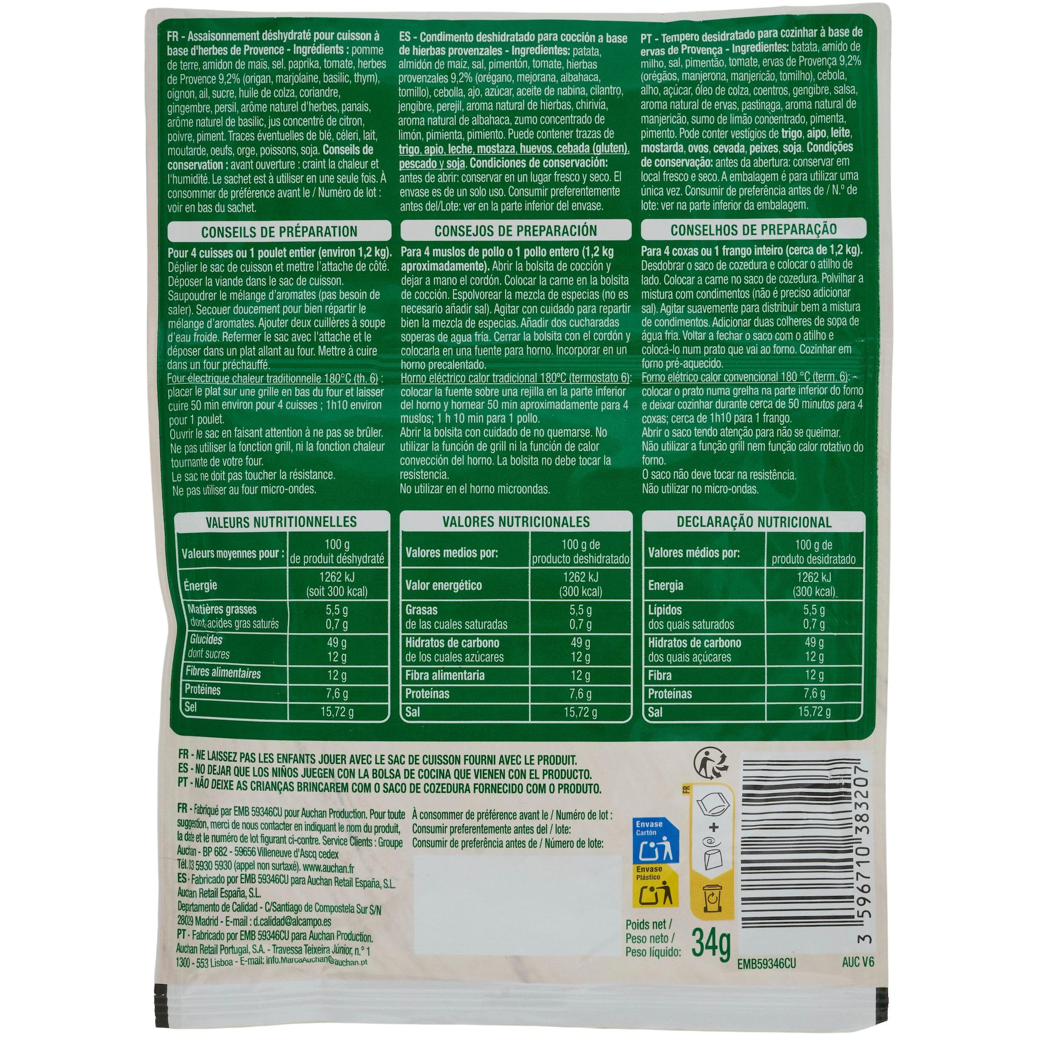 Voir la diapositive 3 : AUCHAN Sachet cuisson 2 en 1 poulet aux herbes de provence 34g