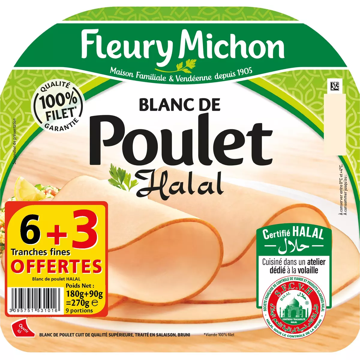 FLEURY MICHON Blanc de poulet halal 6 tranches +3 offertes 270g