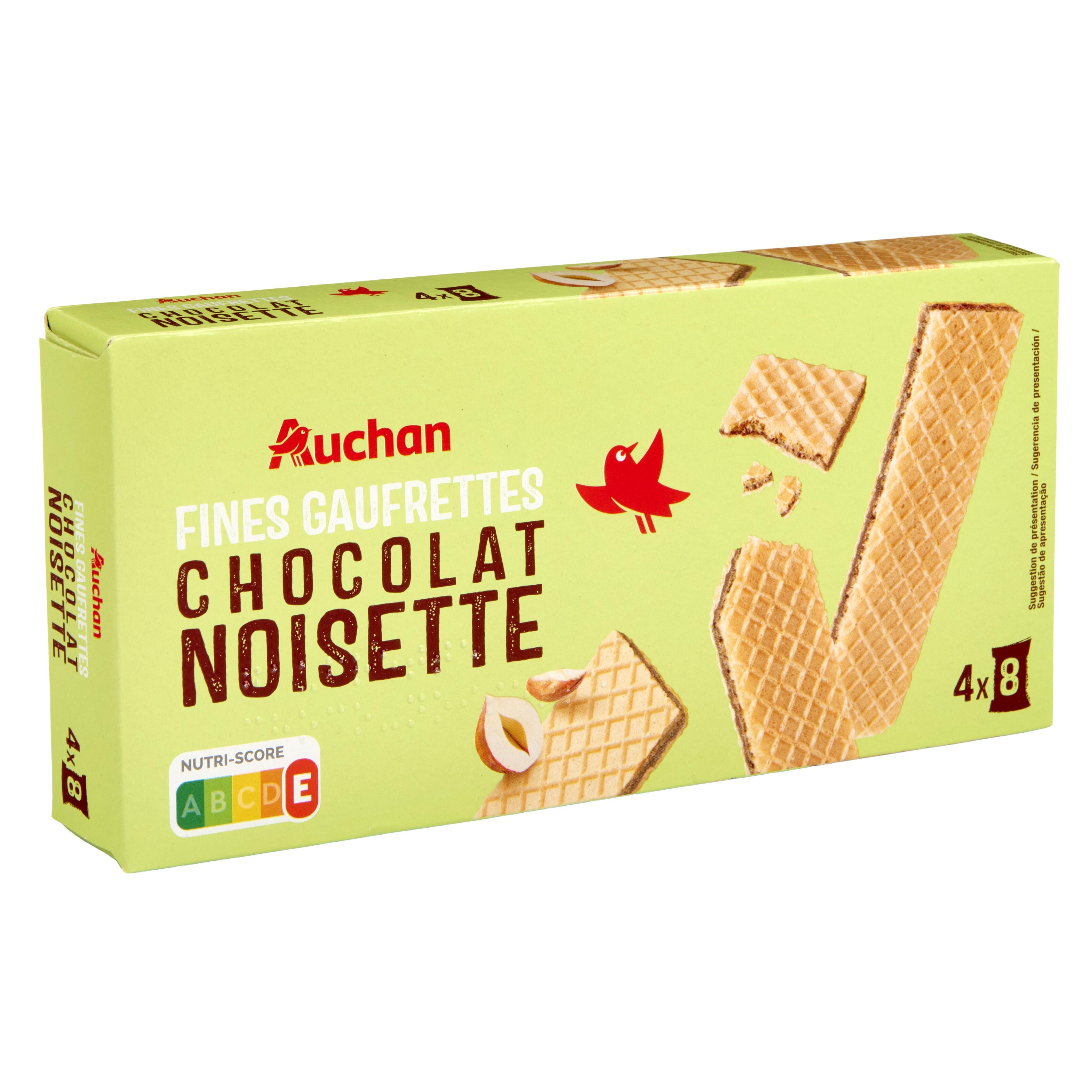 Voir la diapositive 2 : AUCHAN Gaufrettes fourrées au chocolat noisettes 32 biscuits 160g