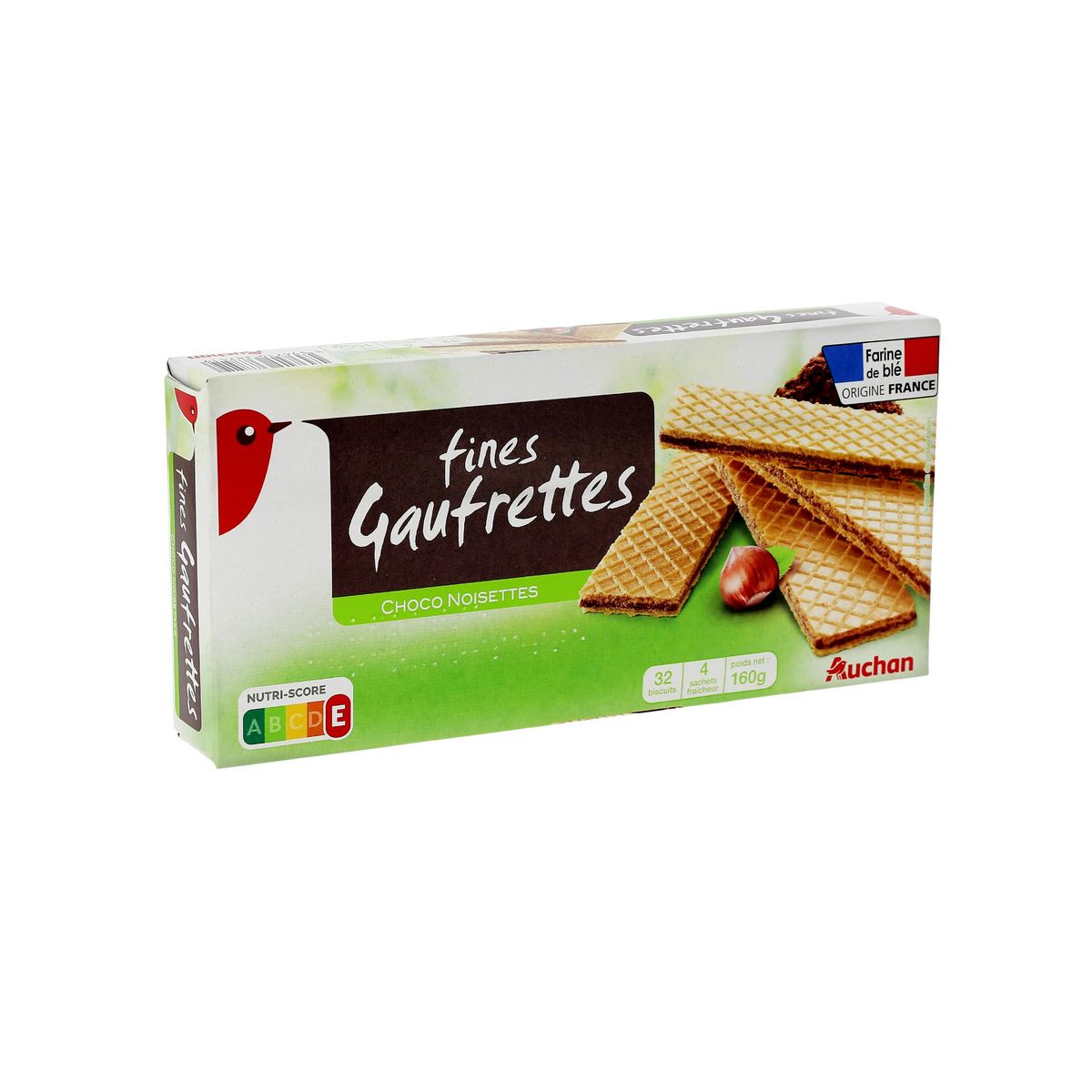 AUCHAN Gaufrettes fourrées au chocolat noisettes 32 biscuits 160g