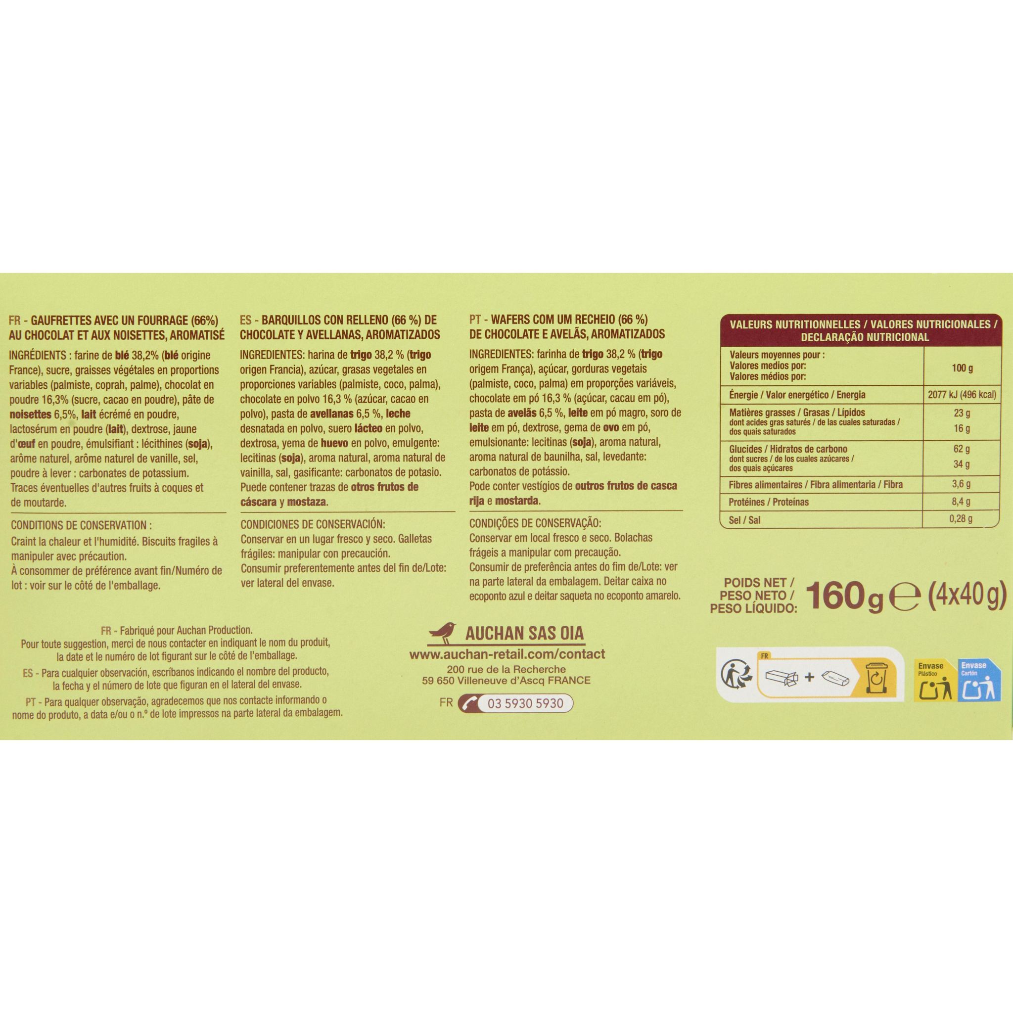 Voir la diapositive 2 : AUCHAN Gaufrettes fourrées au chocolat noisettes 32 biscuits 160g