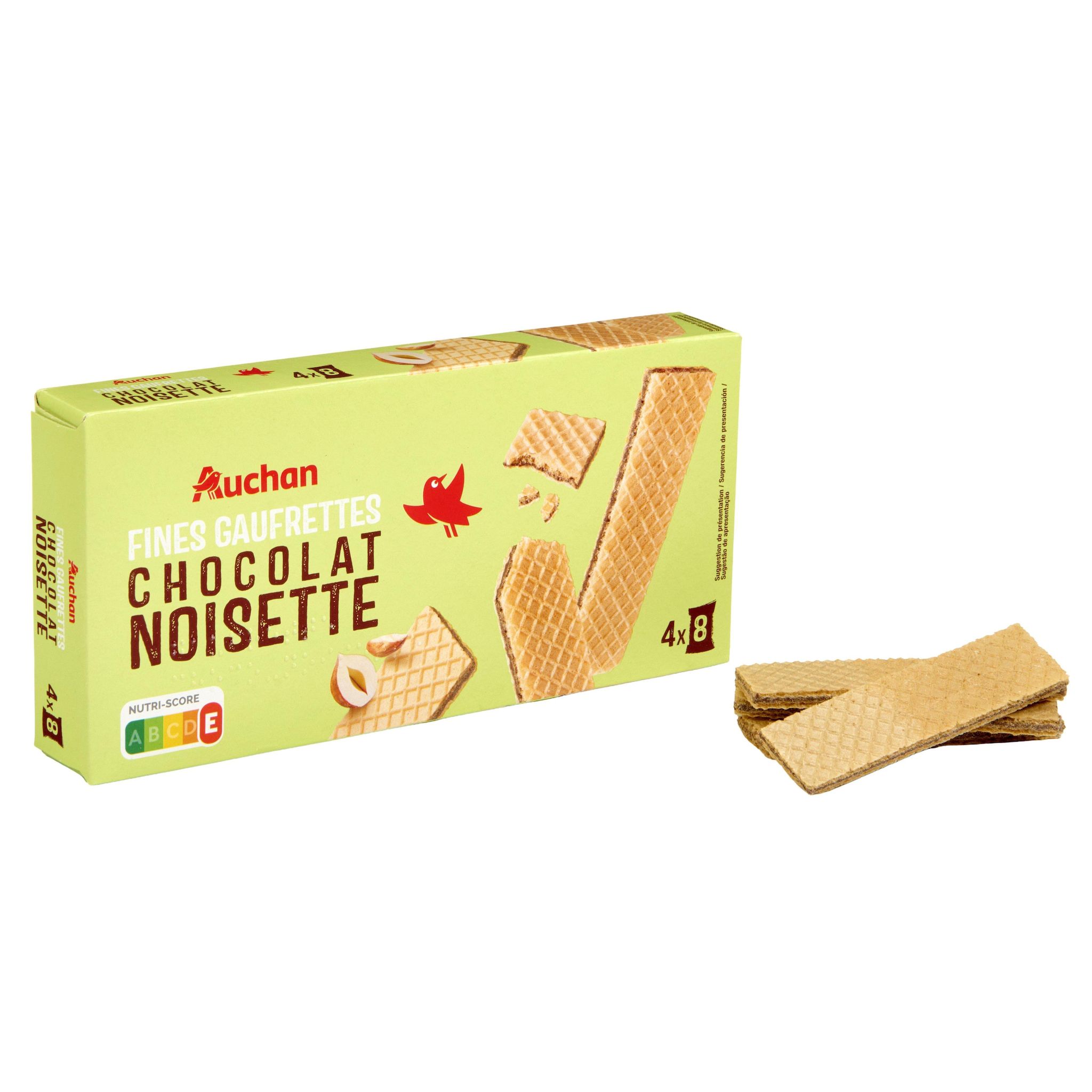 Voir la diapositive 3 : AUCHAN Gaufrettes fourrées au chocolat noisettes 32 biscuits 160g