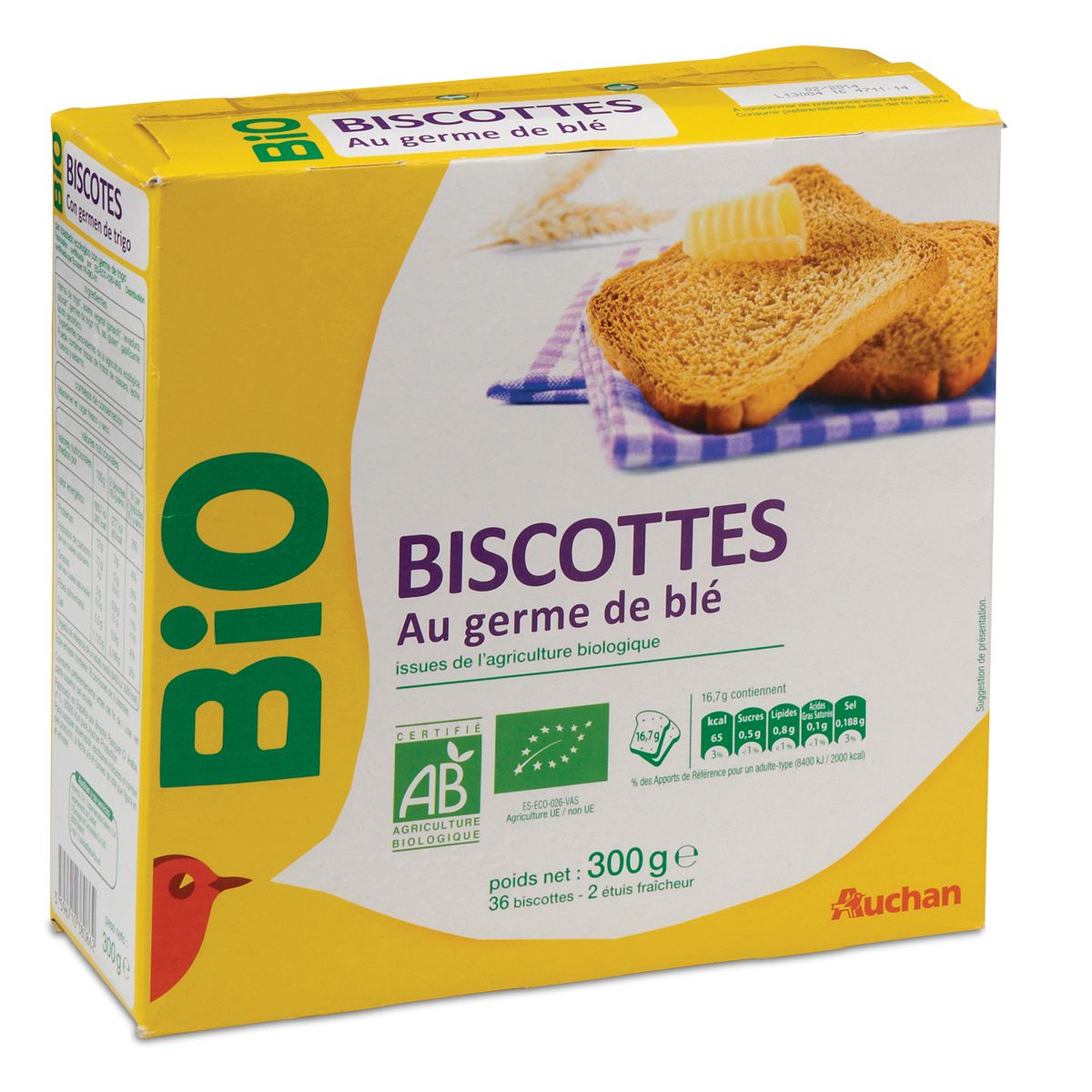 AUCHAN BIO Biscottes au germe de blé 2x18 biscottes 300g