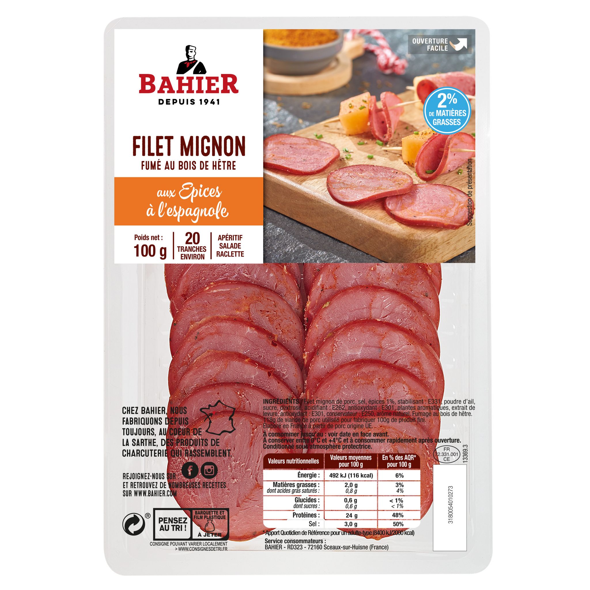 Voir la diapositive 2 : BAHIER Filet mignon fumé et aux épices à l'Espagnole 20 tranches 100g