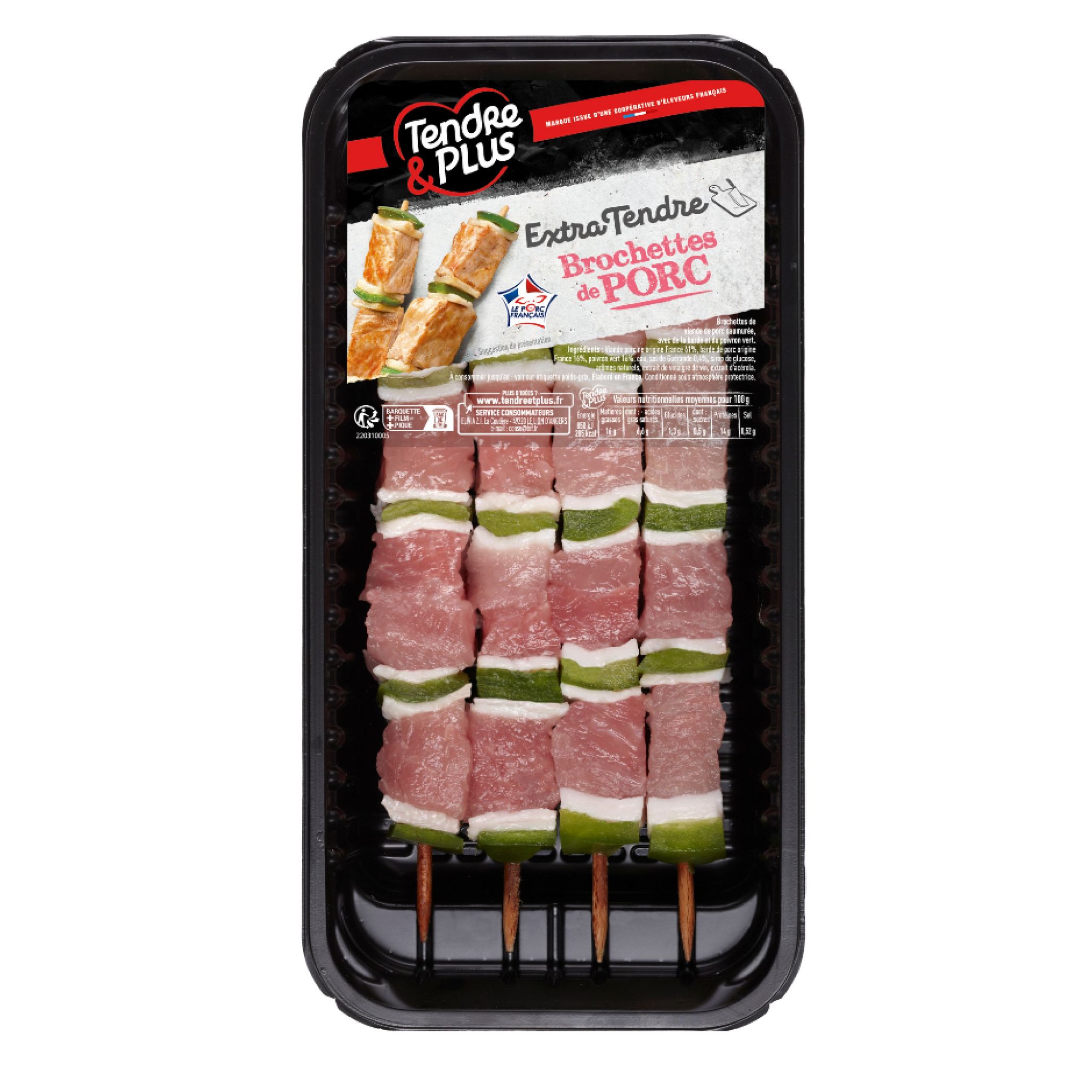 TENDRE & PLUS Brochettes de porc extra tendres 4 pièces 320g