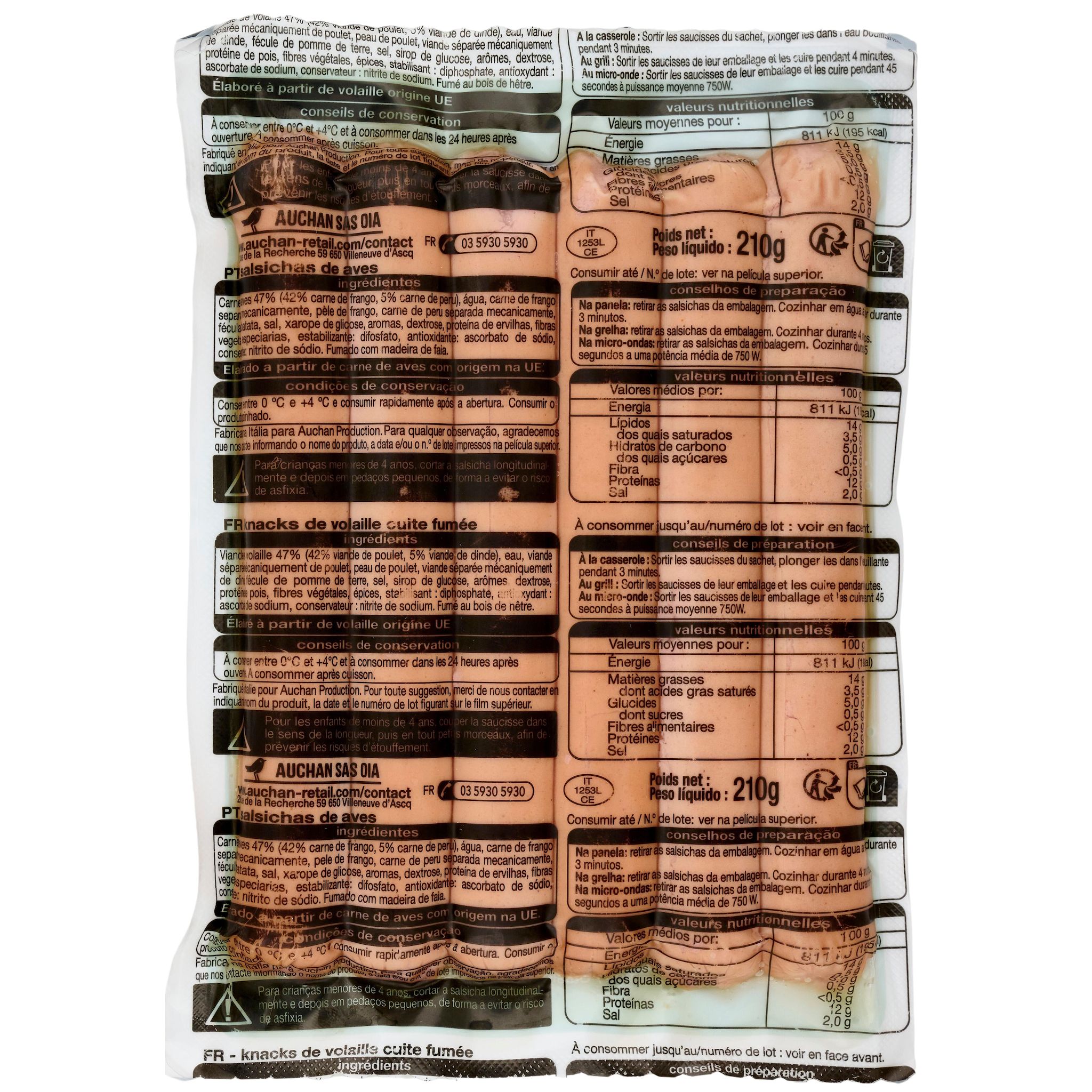 Voir la diapositive 2 : AUCHAN Knacks de volaille 6 pièces 210g