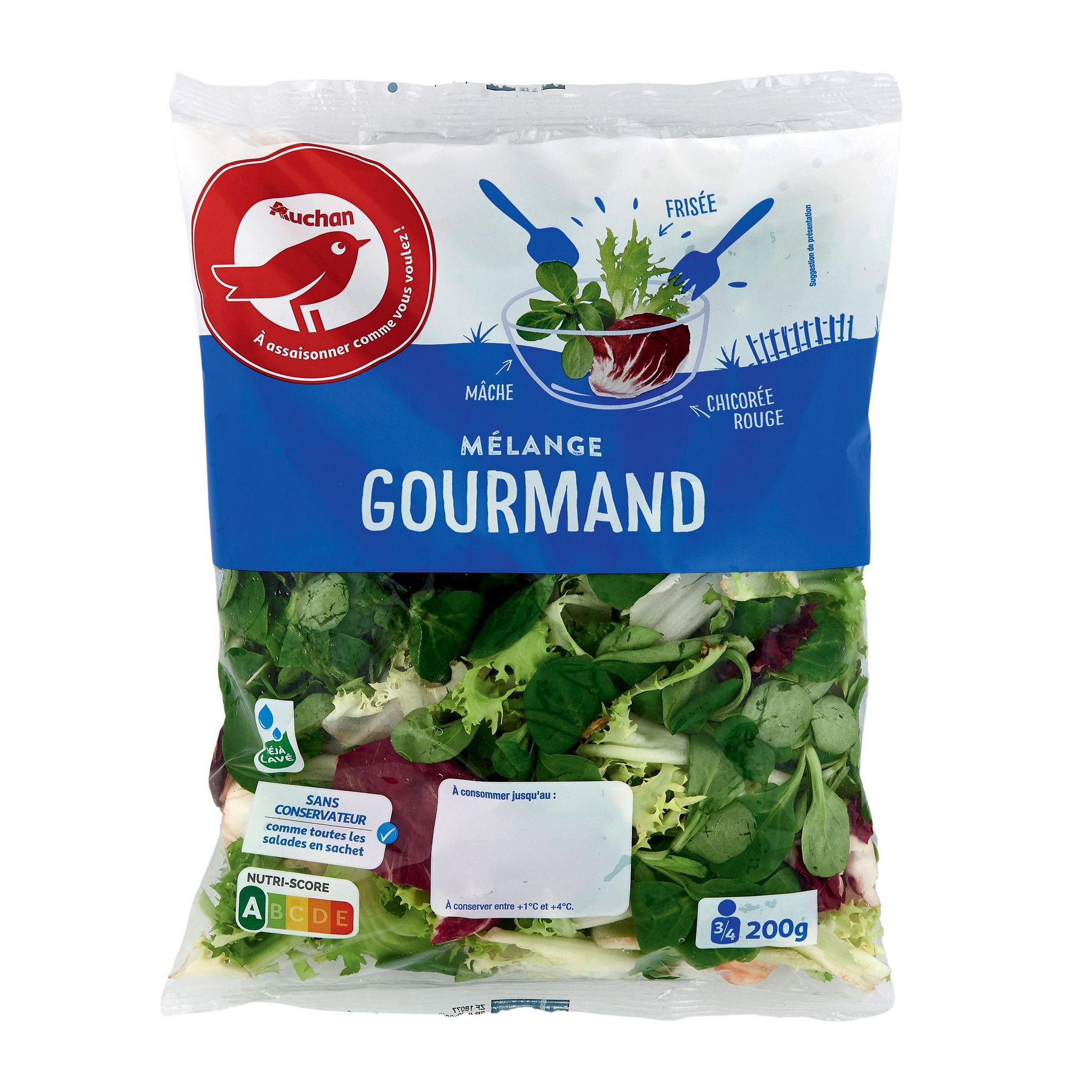 Voir la diapositive 2 : AUCHAN Mélange gourmand de frisée mâche et chicorée rouge 3-4 parts 200g
