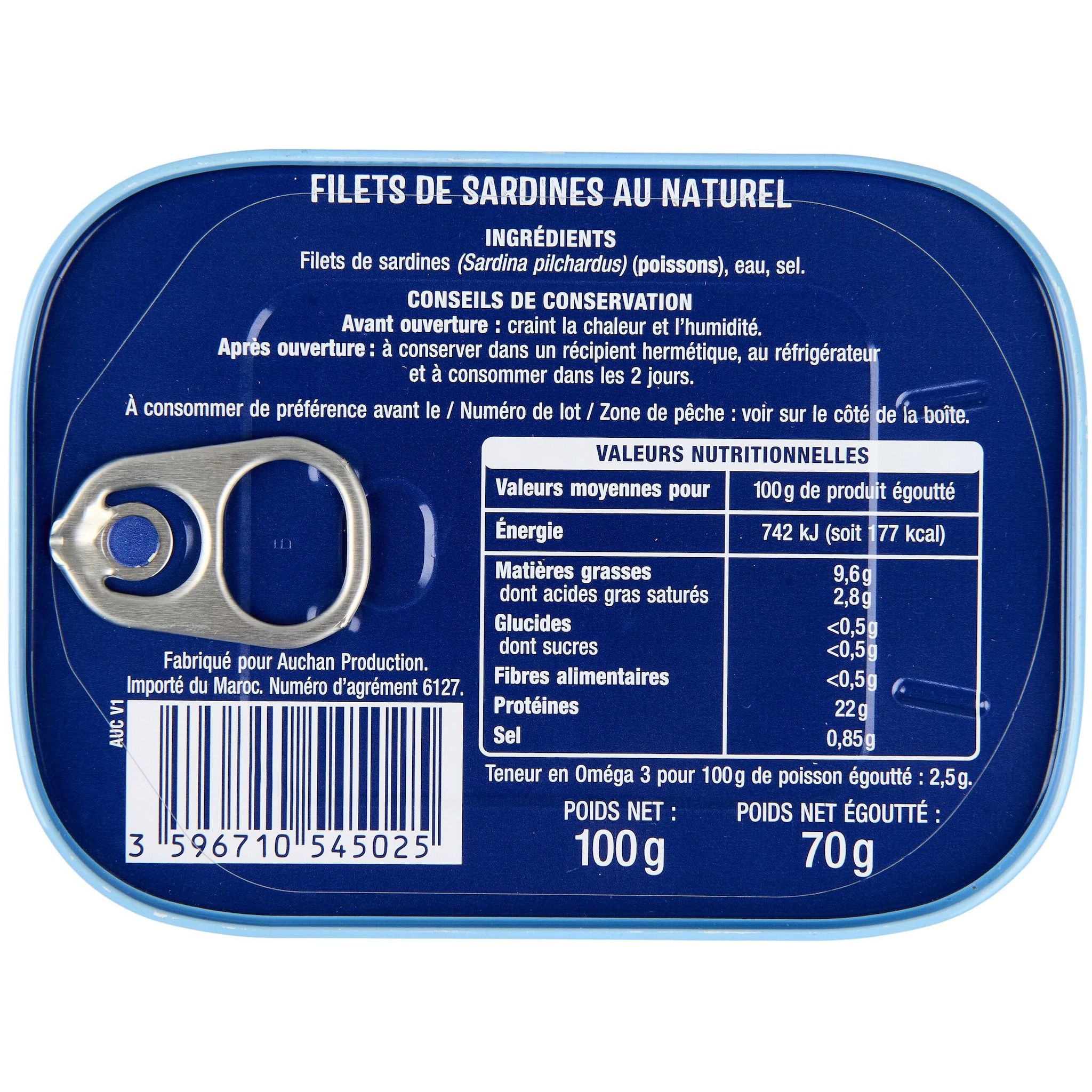 Voir la diapositive 3 : AUCHAN Filets de sardines au naturel 70g