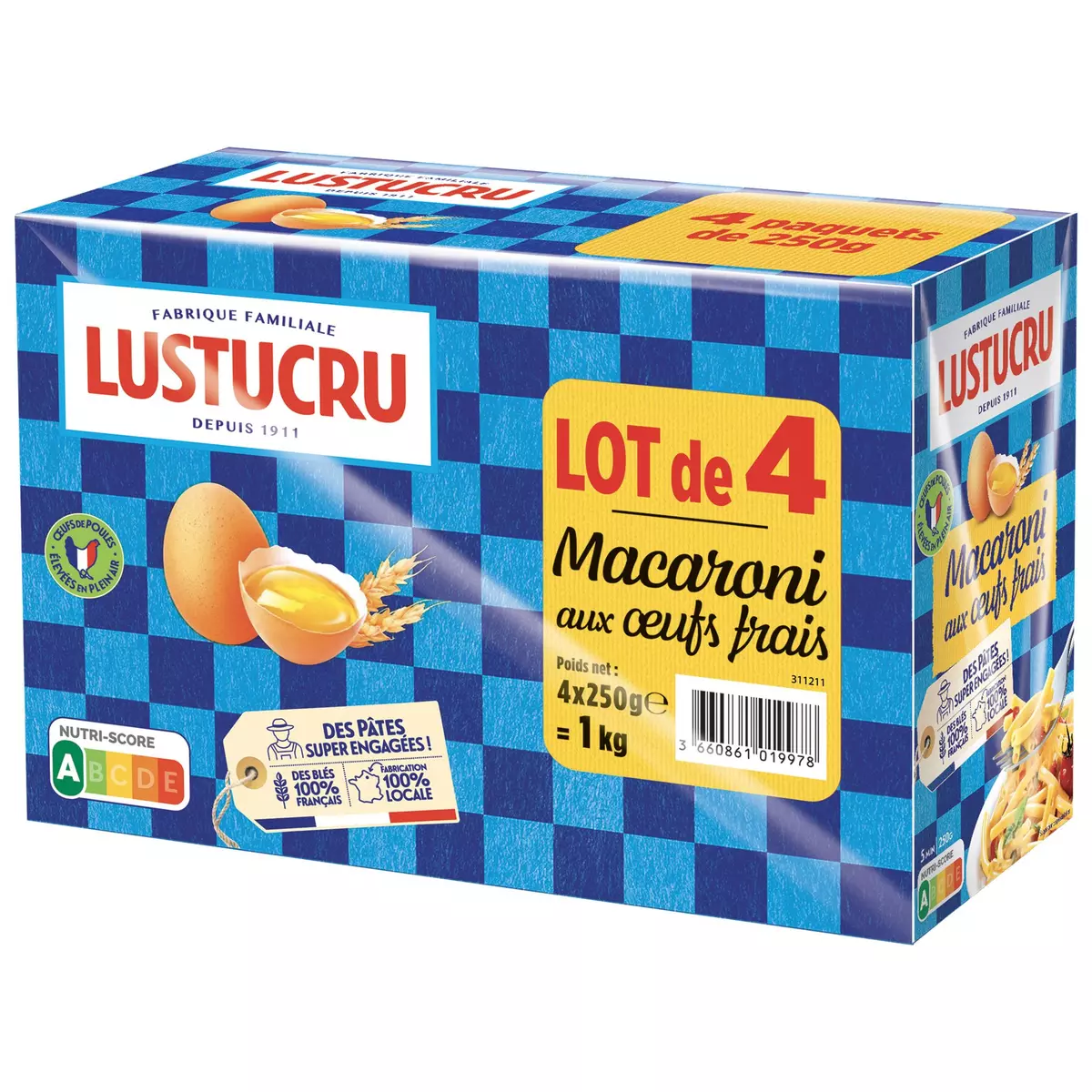LUSTUCRU Macaroni aux œufs frais 4 paquets 1kg