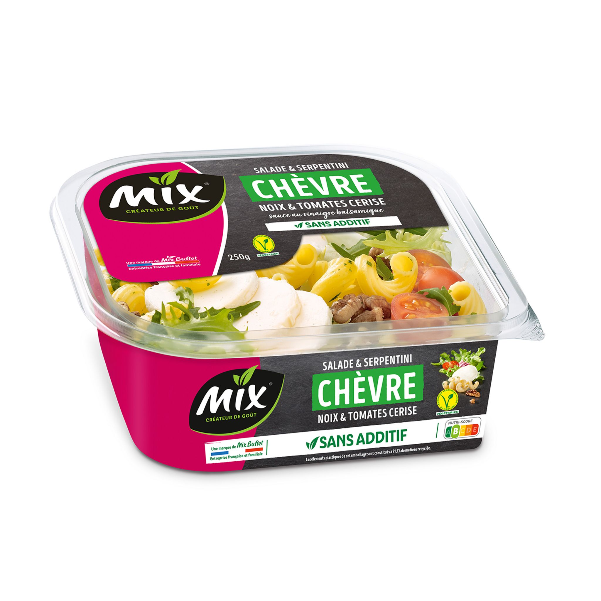 Voir la diapositive 2 : MIX Salade & serpentini chèvre noix tomates cerise vinaigrette balsamique 1 part 250g