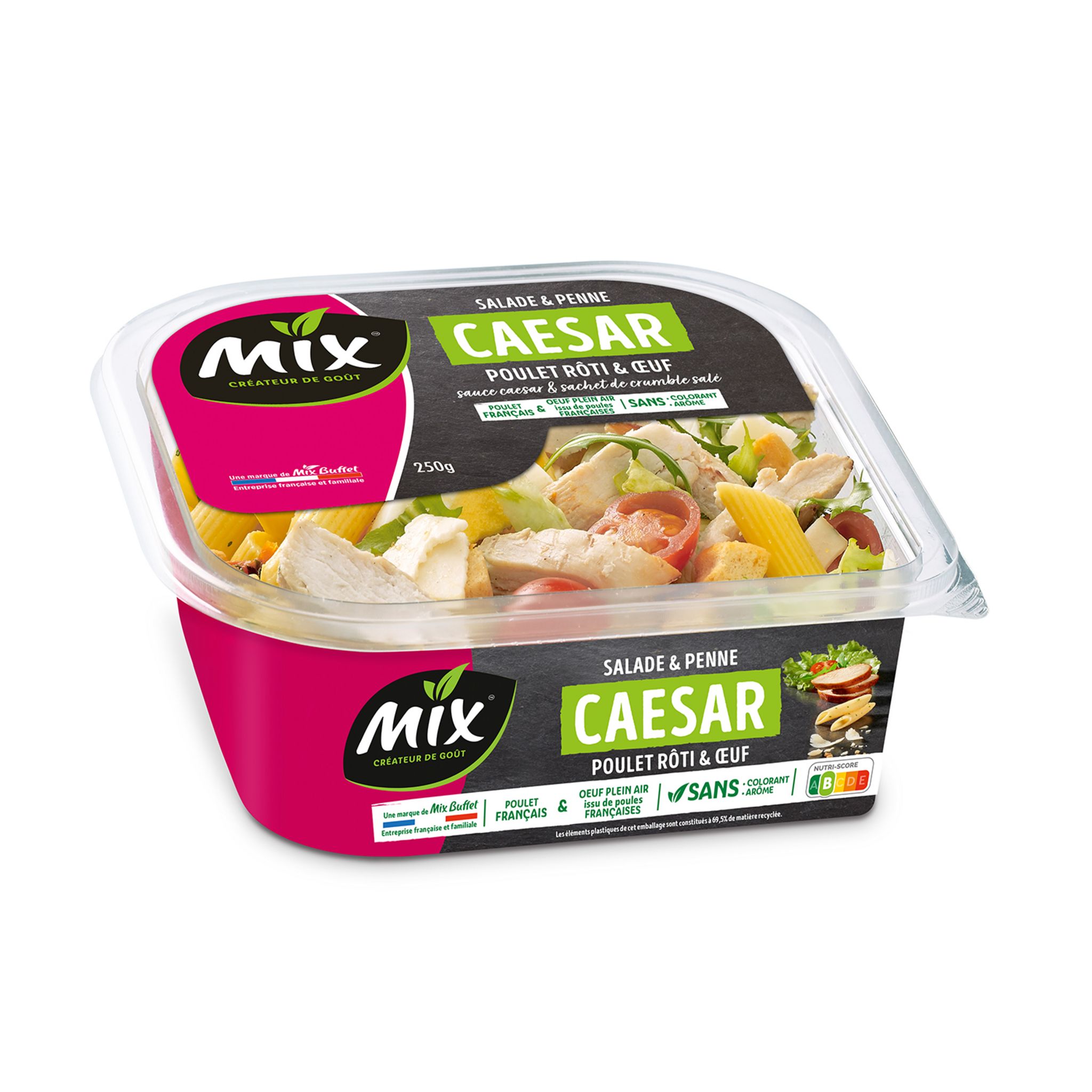 Voir la diapositive 2 : MIX Salade et penne caesar au poulet rôti et œuf 1 part 250g