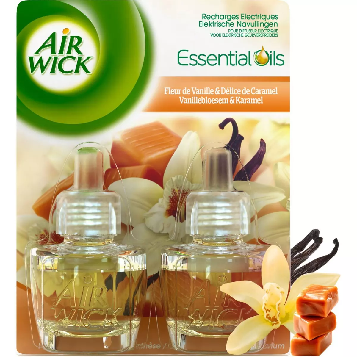 AIR WICK Essential Oils Recharges électriques fleurs de vanille et délice de caramel 2x250ml