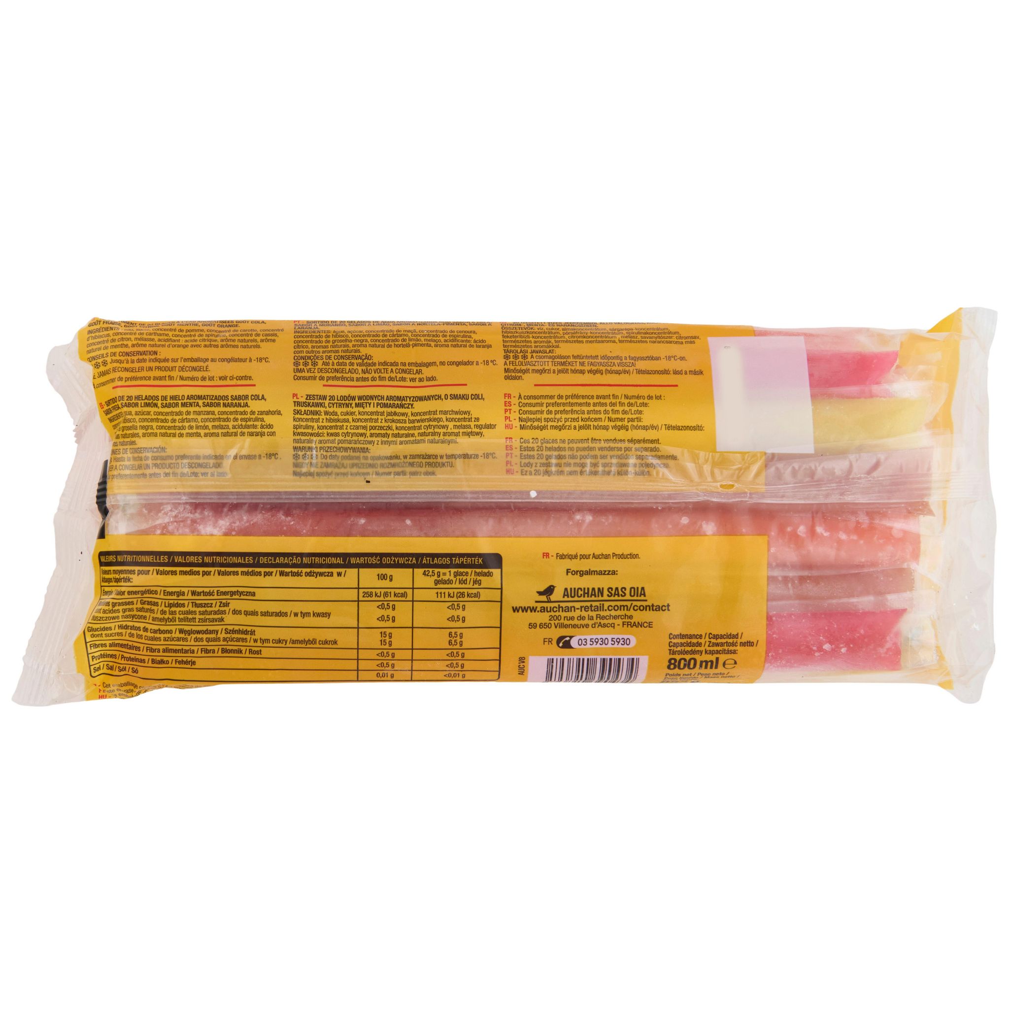 Voir la diapositive 2 : AUCHAN Tub igloo bâtonnets de glace à l'eau fruité 20 pièces 850g