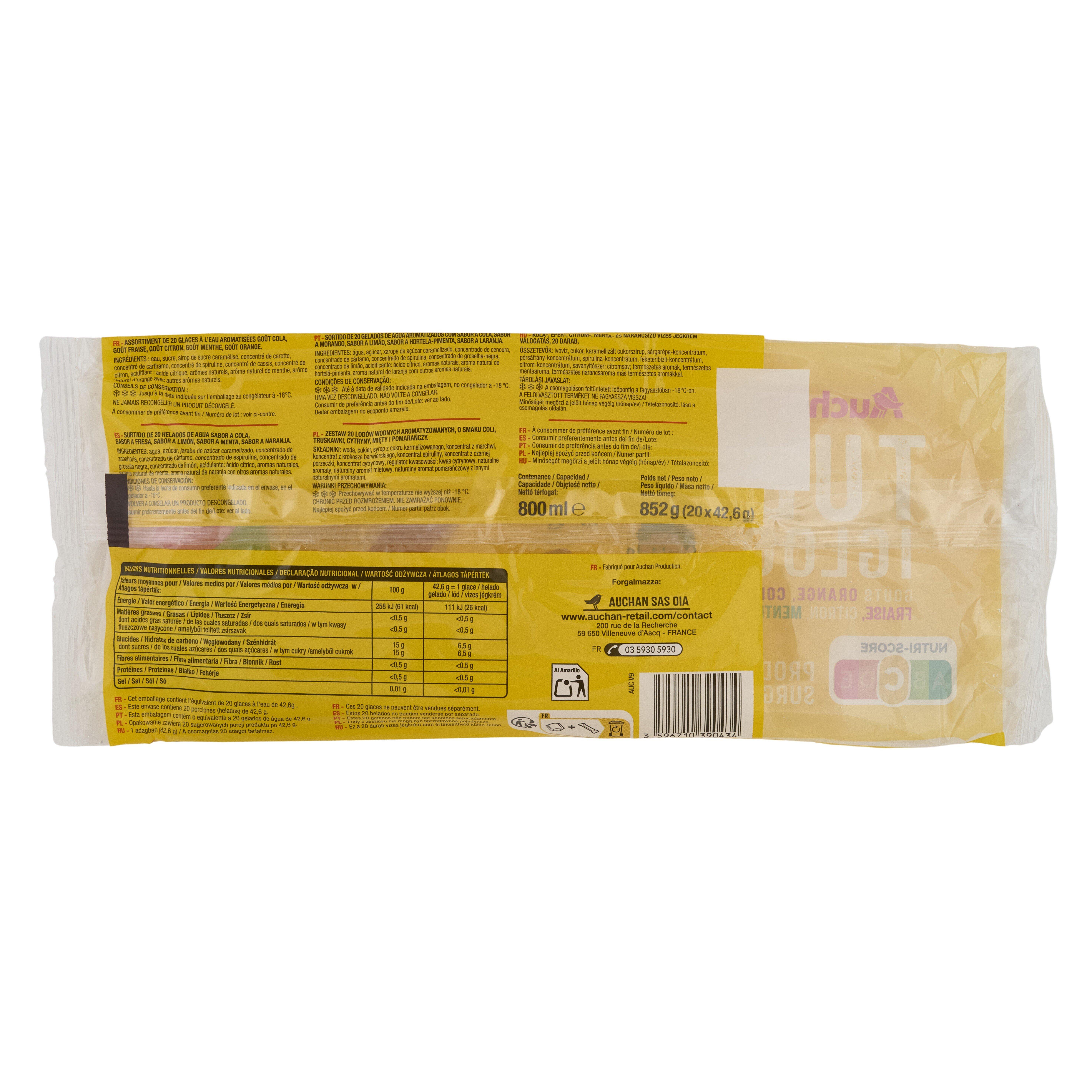 Voir la diapositive 3 : AUCHAN Tub igloo bâtonnets de glace à l'eau fruité 20 pièces 850g