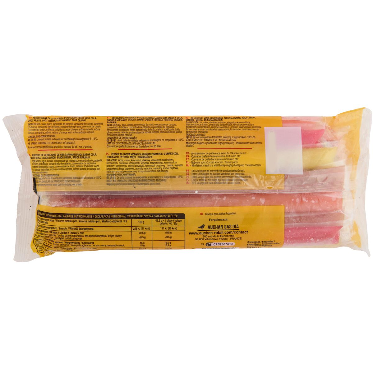 AUCHAN Tub igloo bâtonnets de glace à l'eau fruité 20 pièces 850g