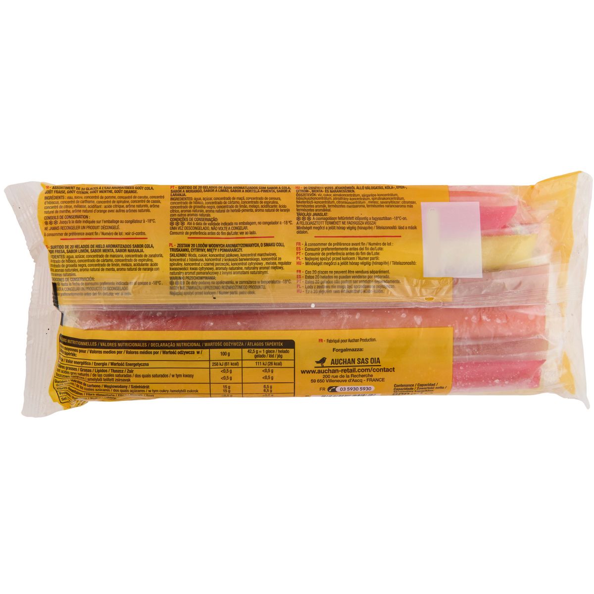 AUCHAN Tub igloo bâtonnets de glace à l'eau fruité 20 pièces 850g