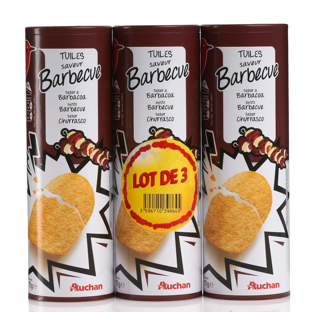 AUCHAN Chips tuiles saveur barbecue lot de 3 3x170g