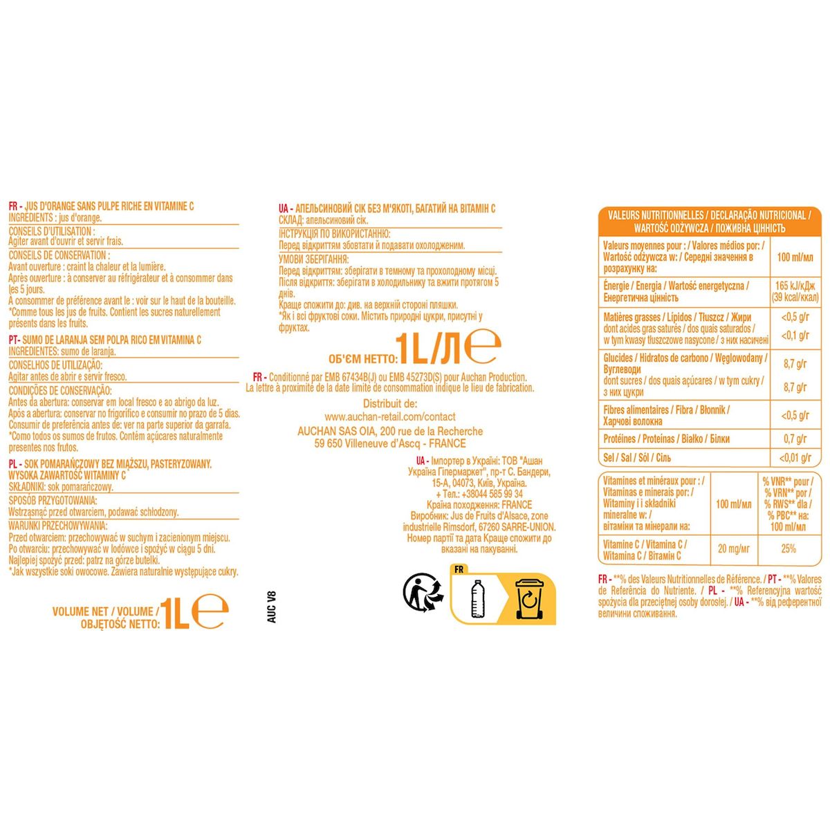 AUCHAN Pur jus d'orange sans pulpe 1l