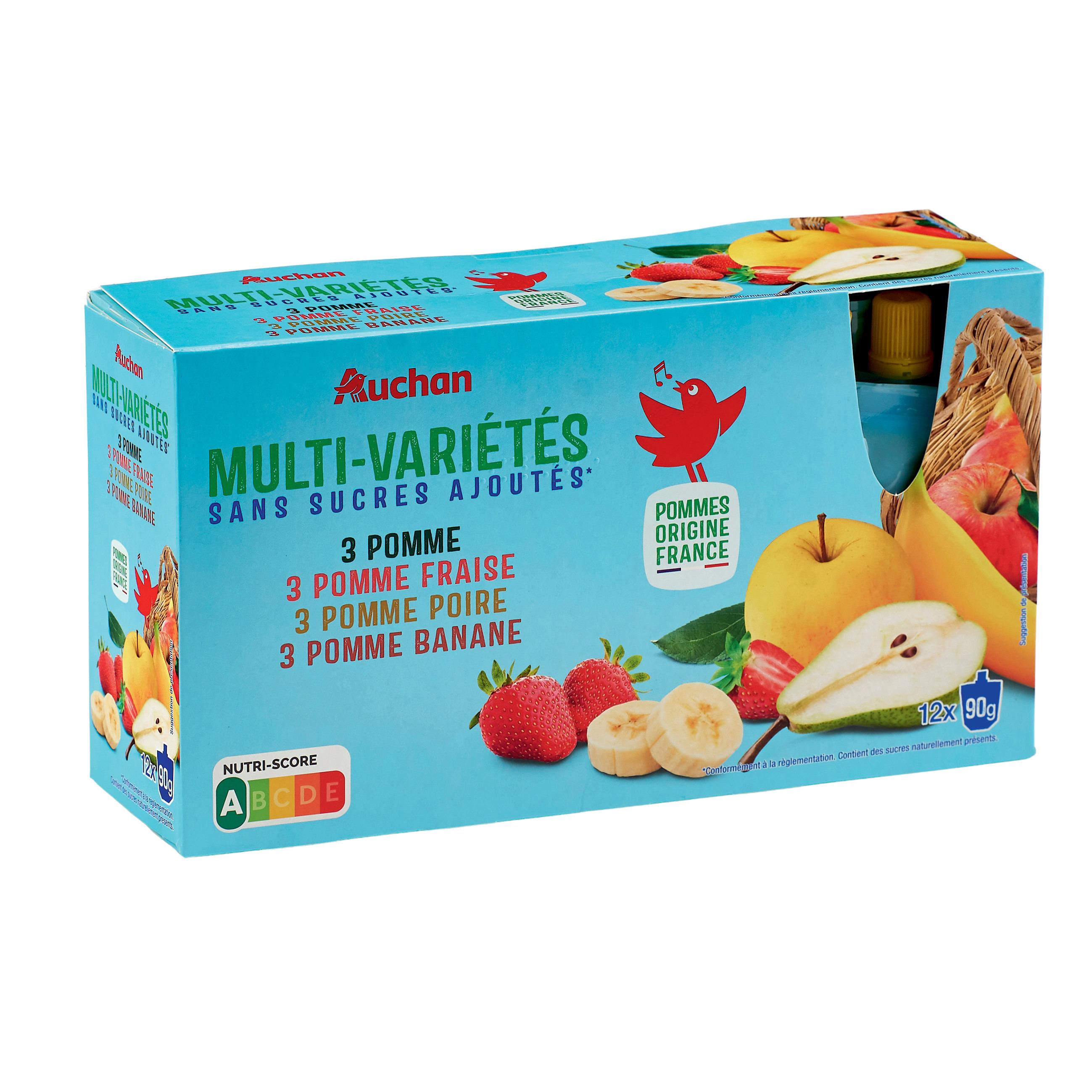 Voir la diapositive 2 : AUCHAN Gourdes purée de pomme fraise poire banane sans sucres ajoutés 12x90g
