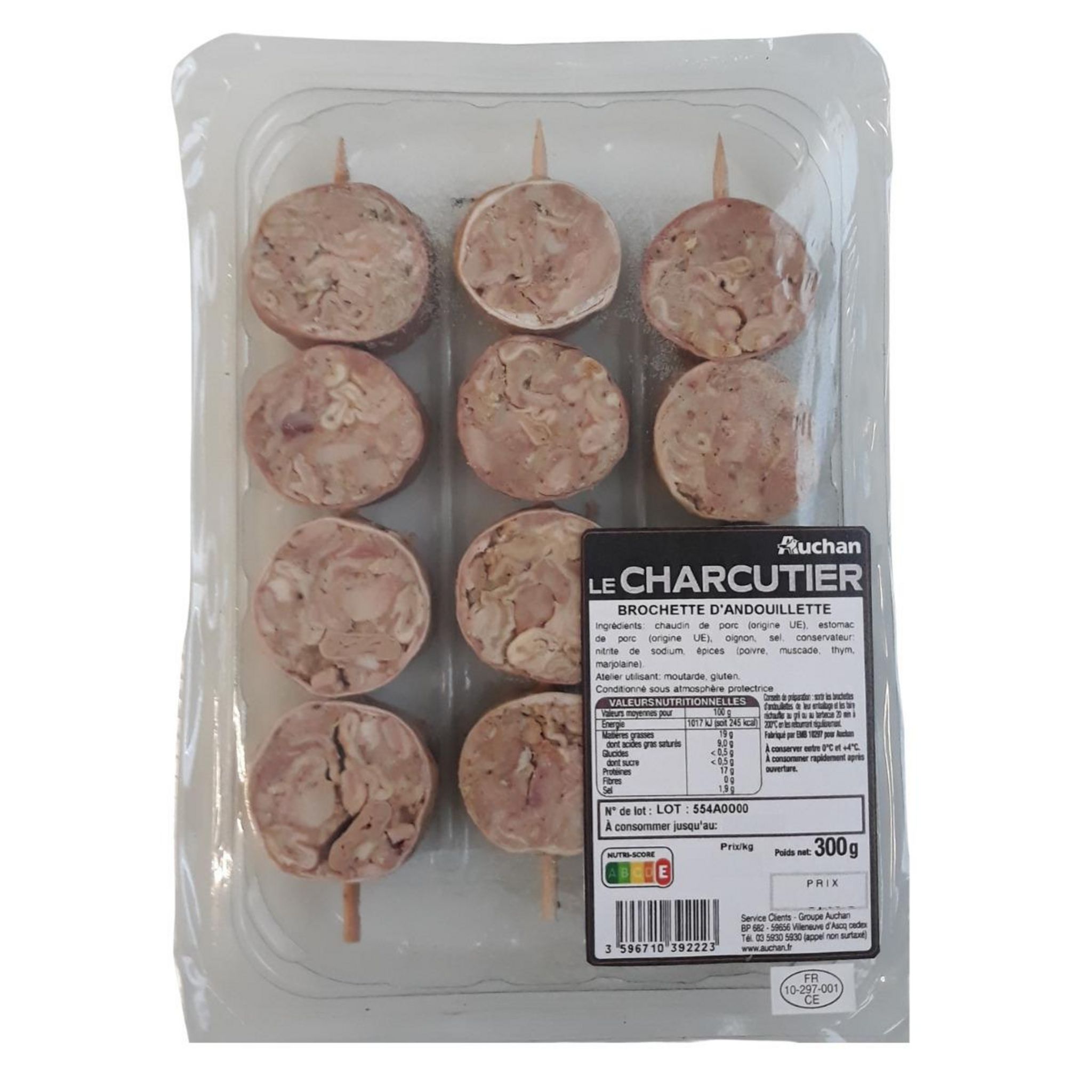 AUCHAN LE CHARCUTIER Brochette d'andouillette nature 3 pièces 300g