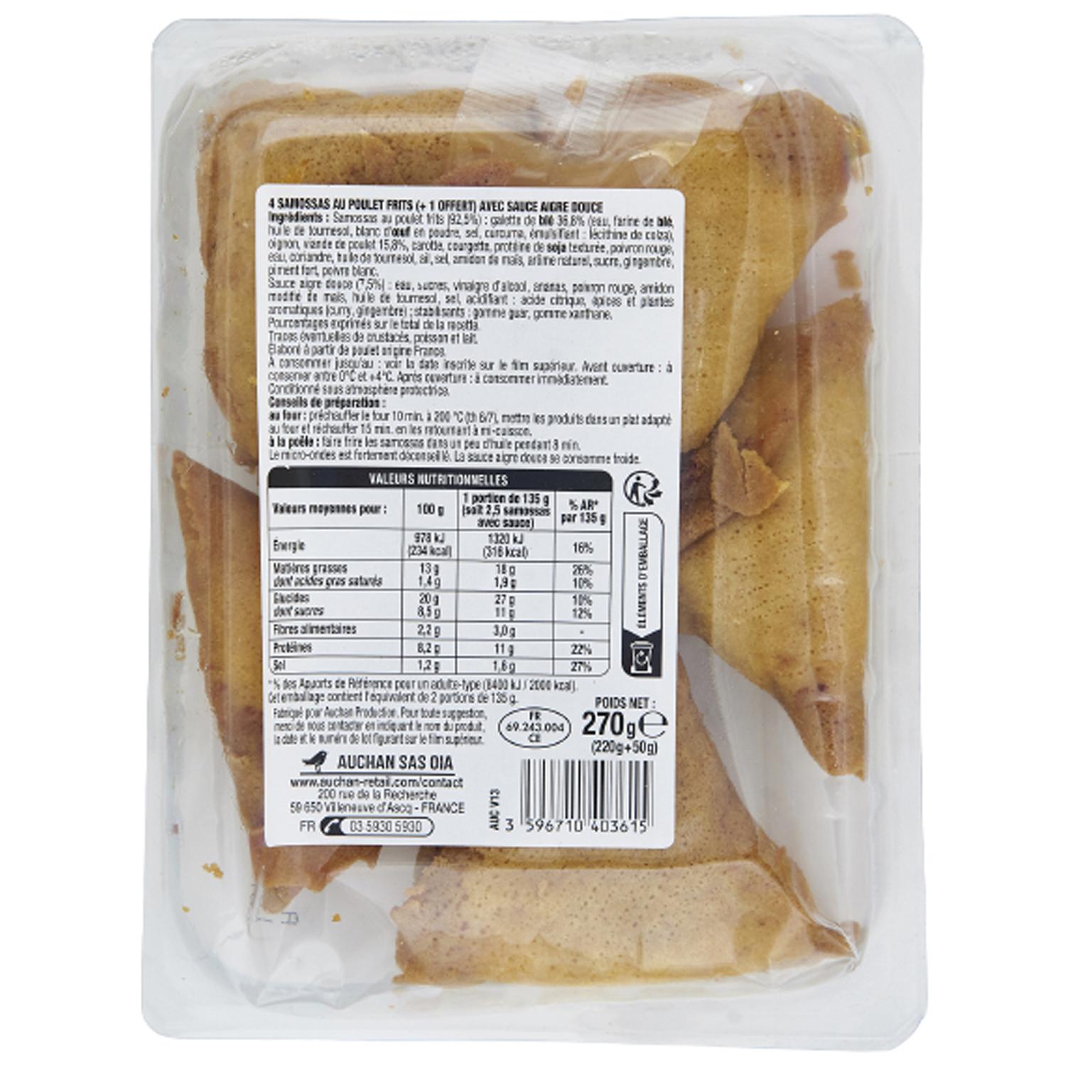 Voir la diapositive 2 : AUCHAN Samossas de poulet sauce aigre douce 4+1 offert 270g