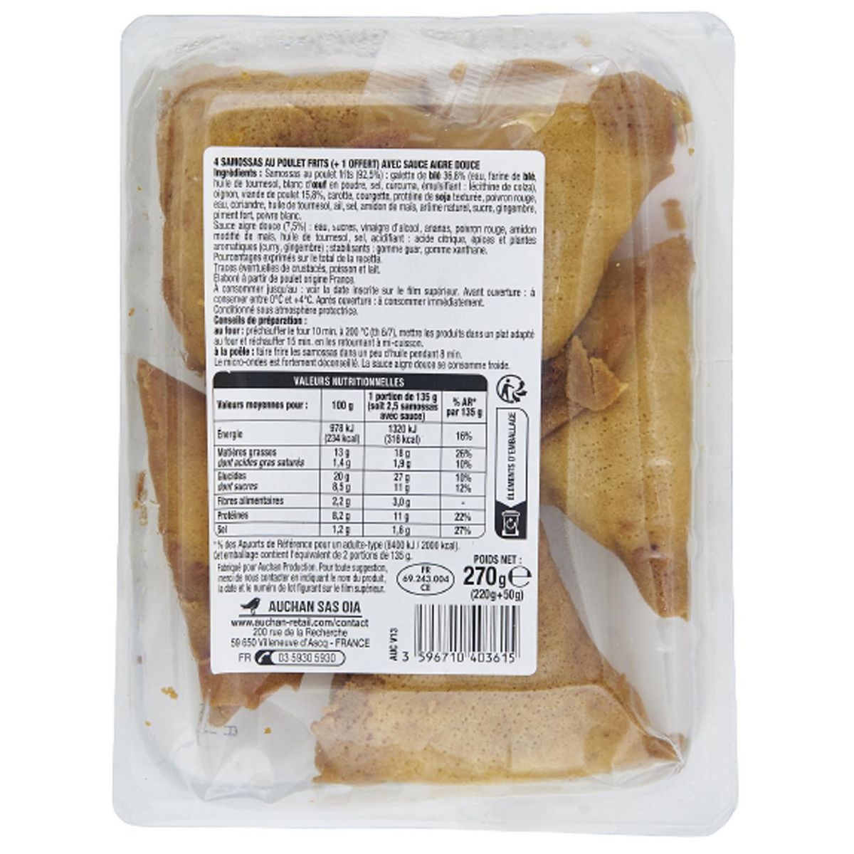 AUCHAN Samossas de poulet sauce aigre douce 4+1 offert 270g