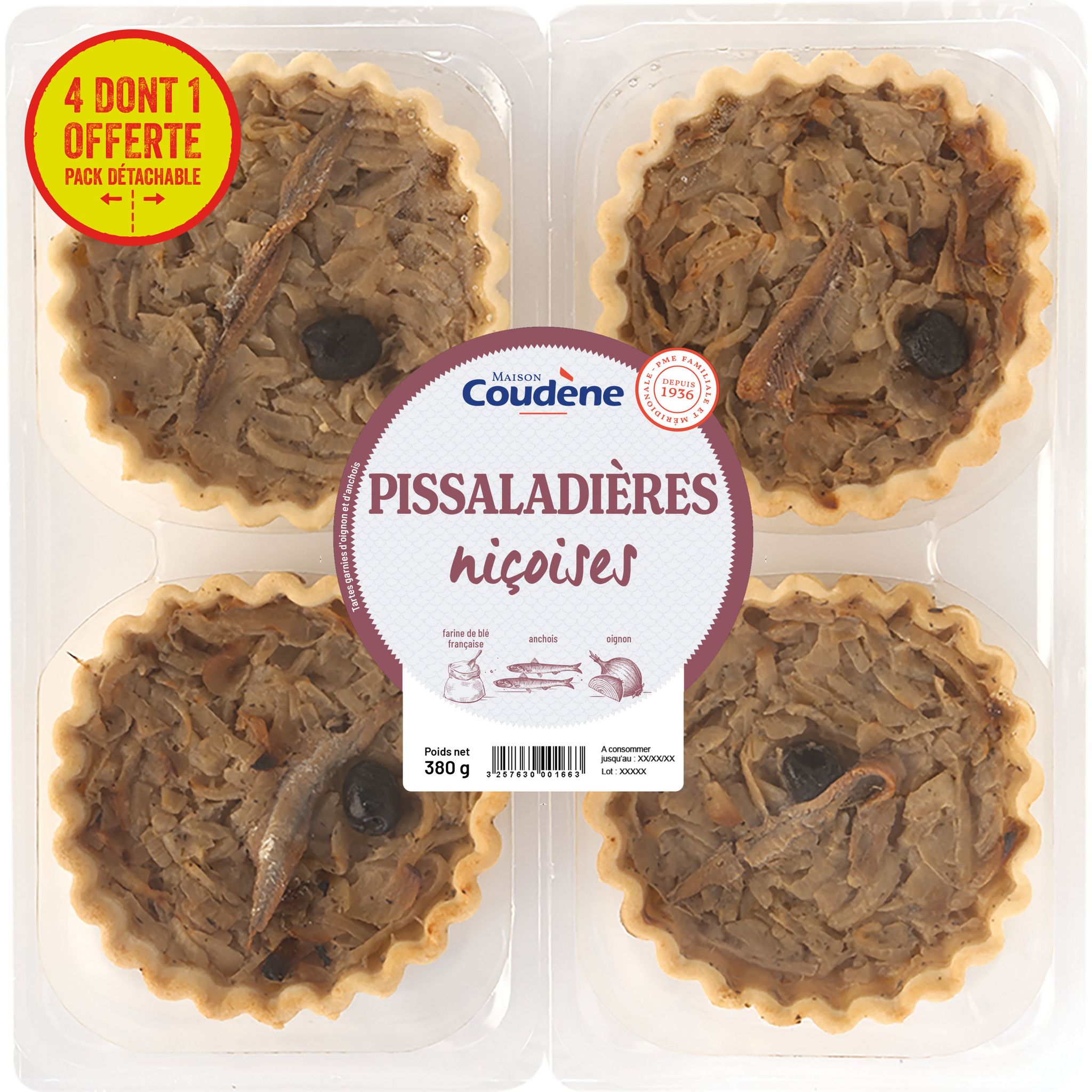 COUDENE Pissaladières niçoises aux anchois 4 pièces 4x95g dont 1 offerte