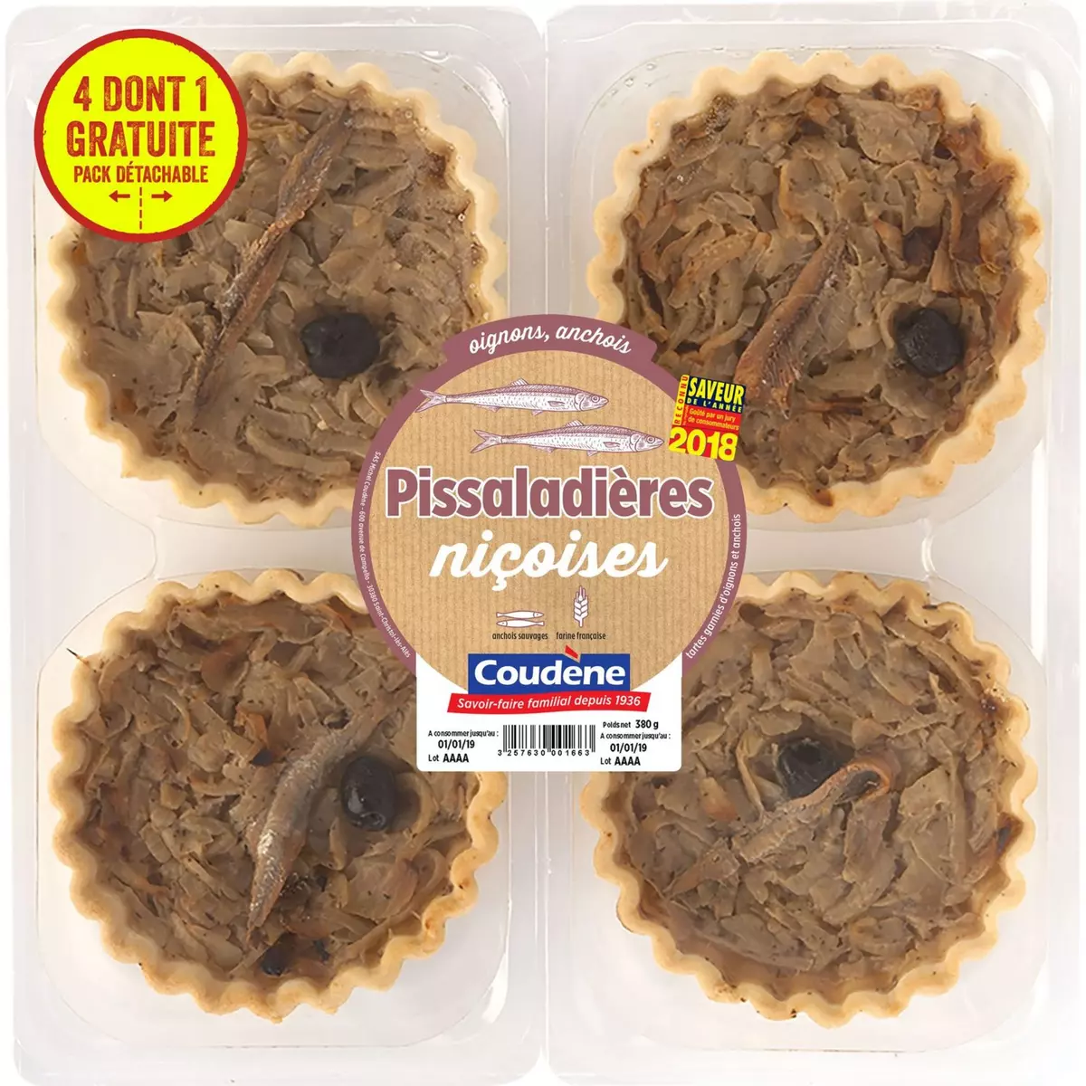 COUDENE Pissaladières niçoises aux anchois 4 pièces 4x95g dont 1 offerte