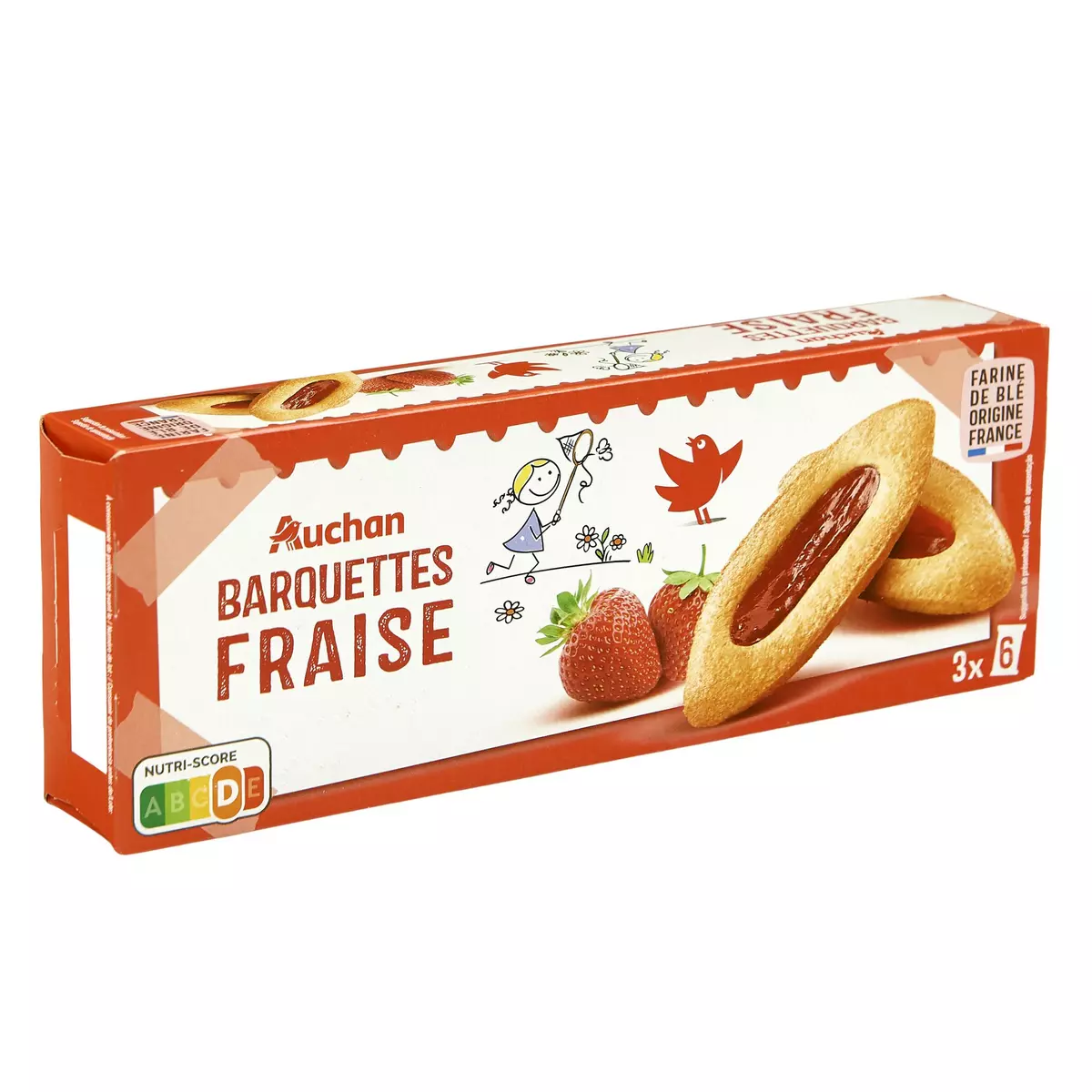 AUCHAN Barquettes à la fraise, sachets fraîcheur 3x6 biscuits 120g