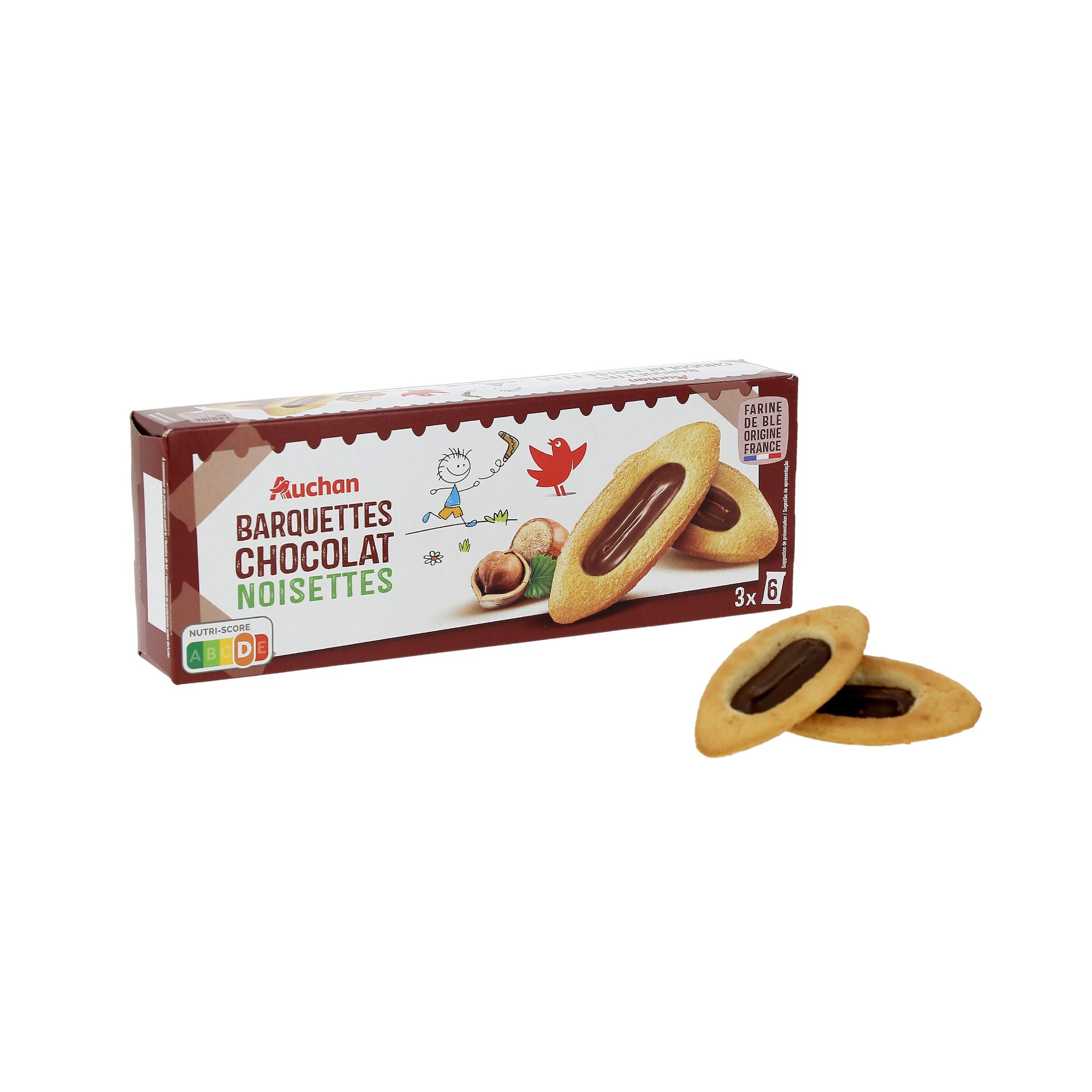 Voir la diapositive 4 : AUCHAN Barquettes chocolat-noisettes sachets fraîcheur 3x6 biscuits 120g