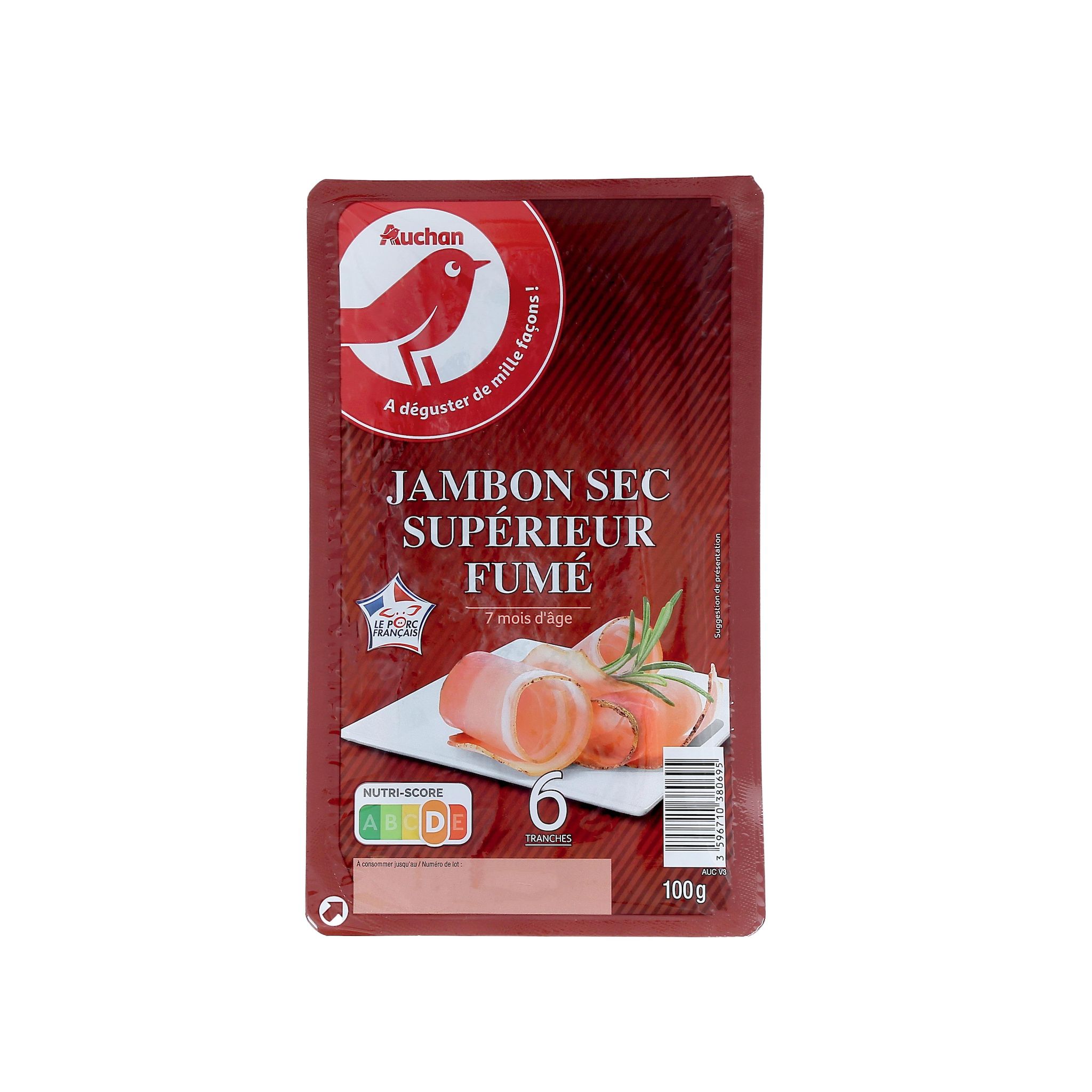 Voir la diapositive 2 : AUCHAN Jambon sec supérieur fumé 6 tranches 100g